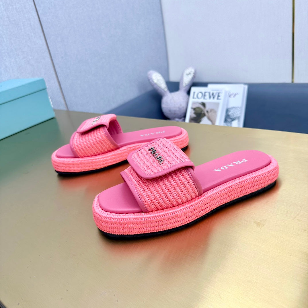 PRA CROCHET SLIDES SLIPPERS HOT PINK RAFFIA