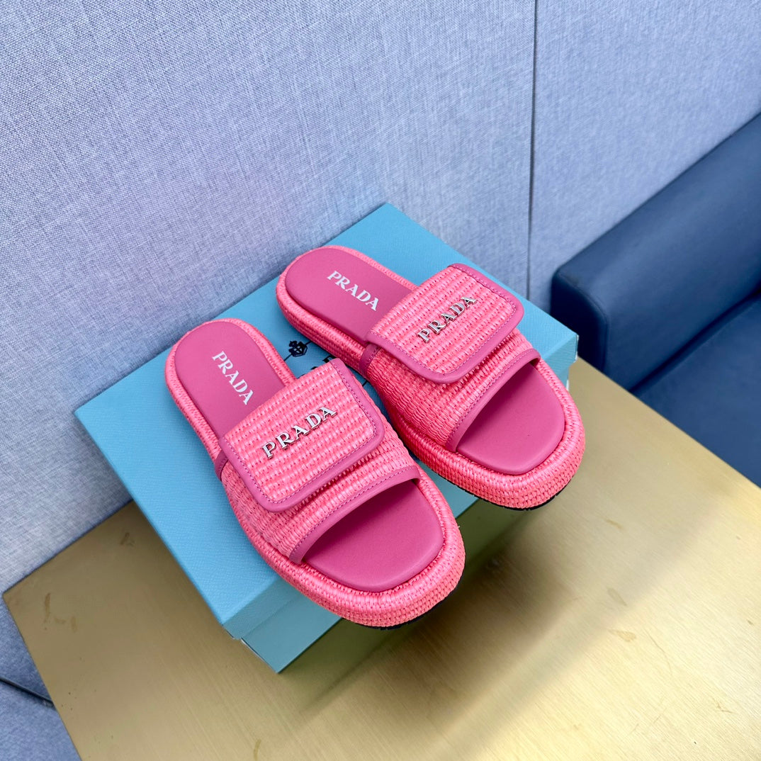 PRA CROCHET SLIDES SLIPPERS HOT PINK RAFFIA