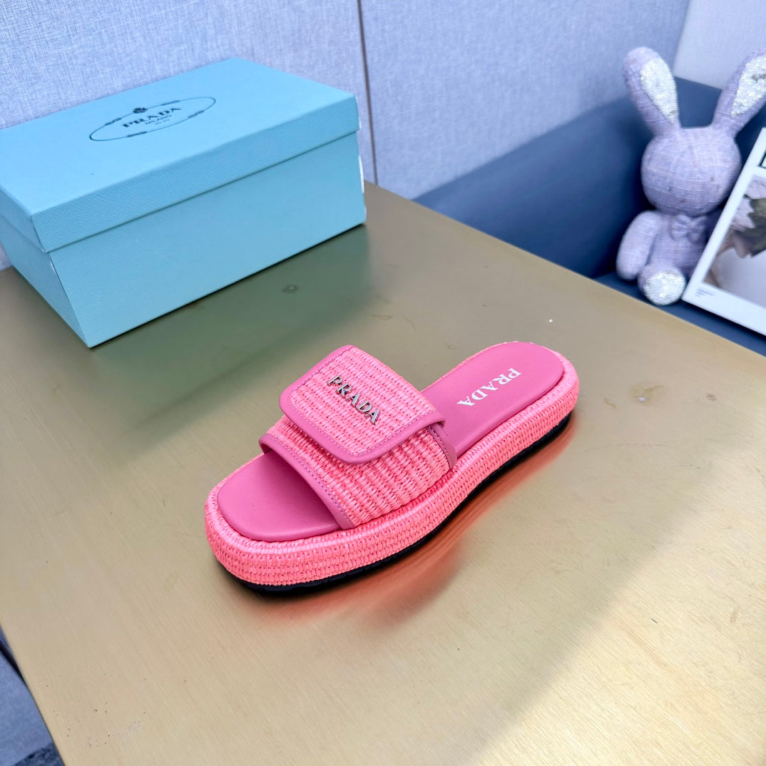 PRA CROCHET SLIDES SLIPPERS HOT PINK RAFFIA