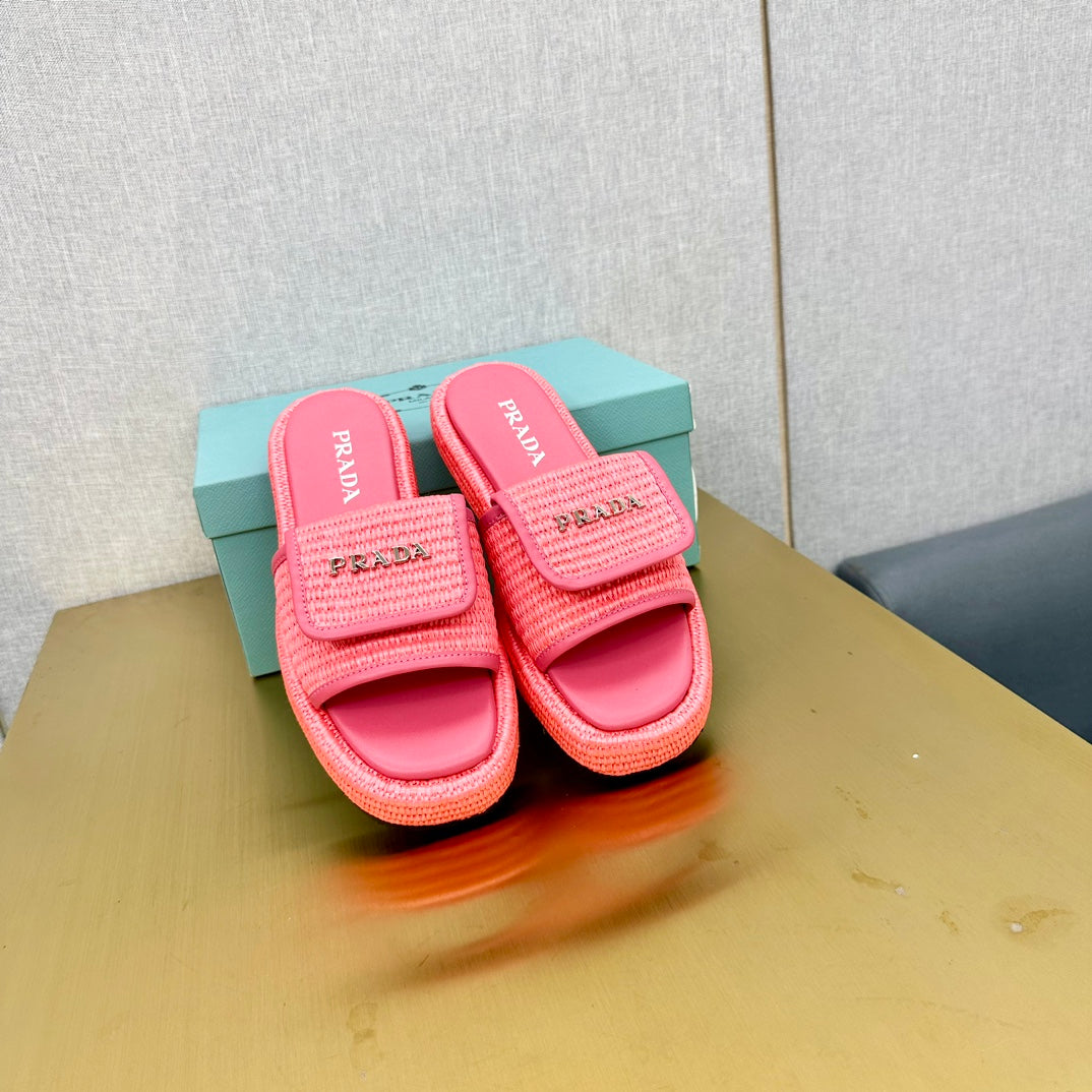 PRA CROCHET SLIDES SLIPPERS HOT PINK RAFFIA