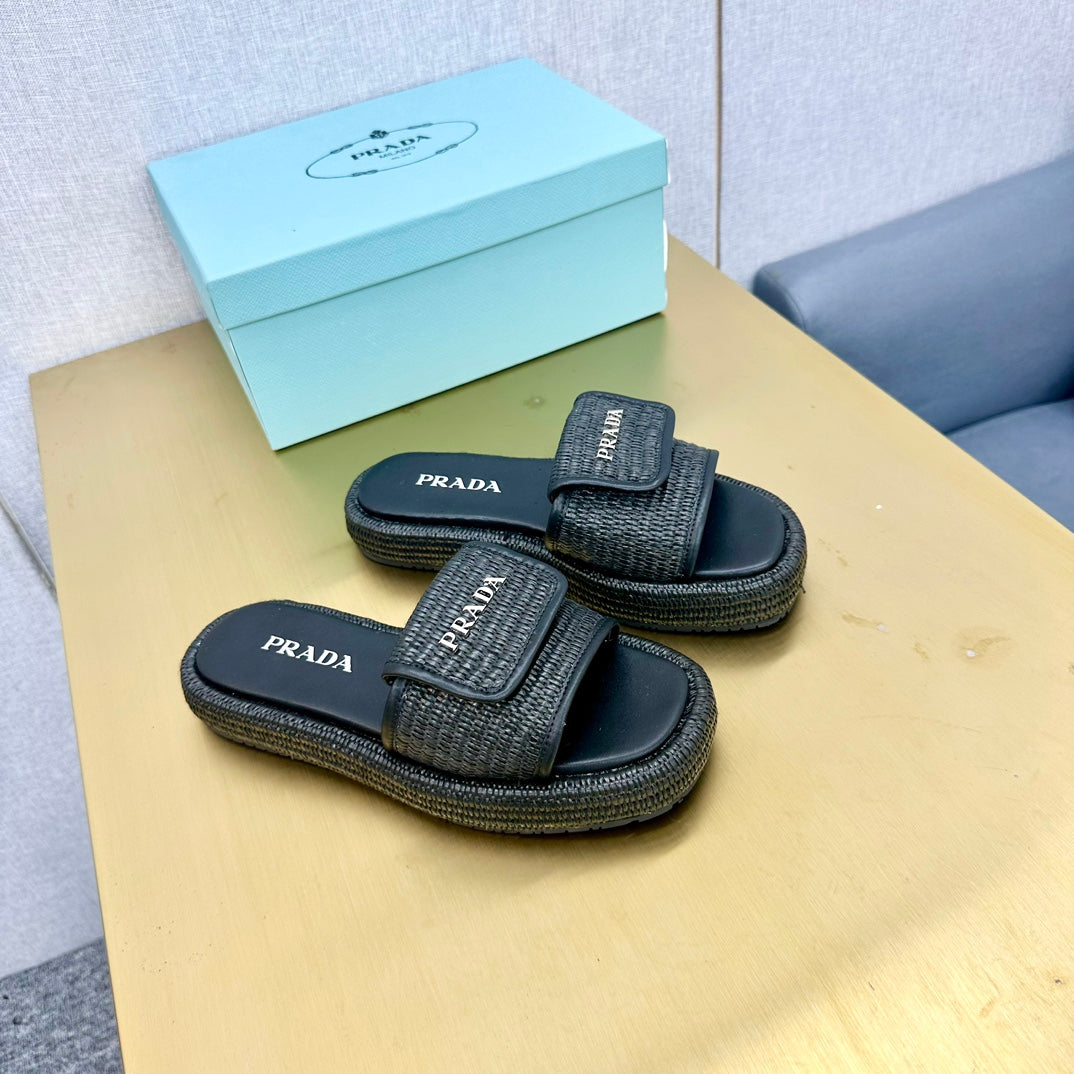 PRA CROCHET SLIDES SLIPPERS BLACK RAFFIA