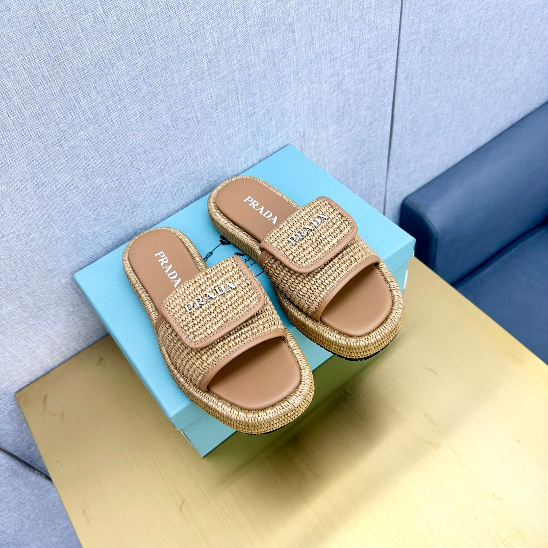 PRA CROCHET SLIDES SLIPPERS BEIGE RAFFIA