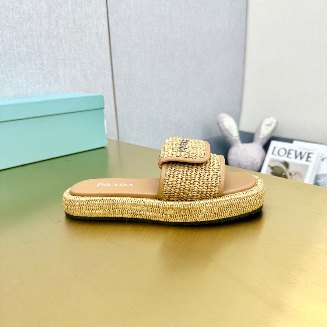 PRA CROCHET SLIDES SLIPPERS BEIGE RAFFIA