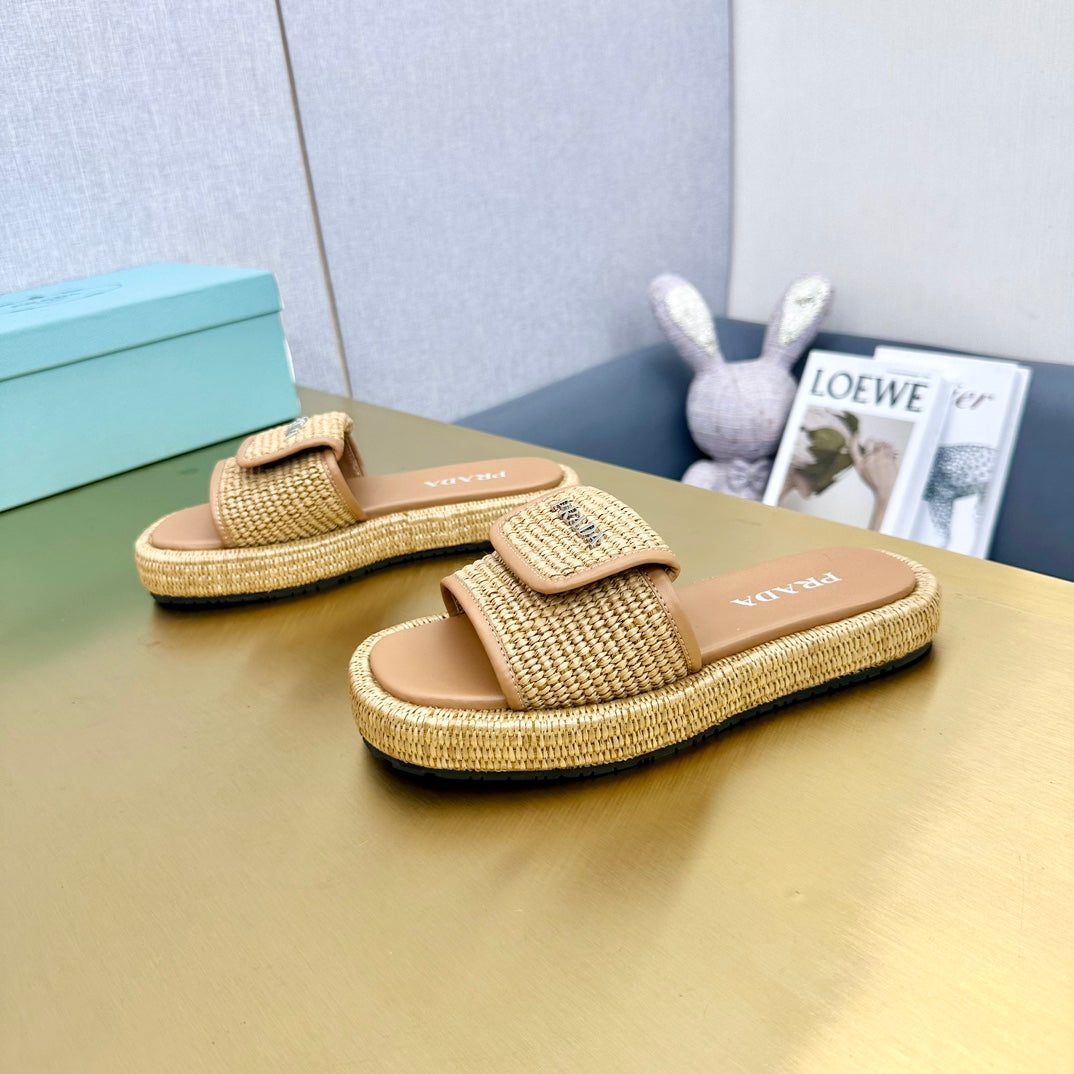 PRA CROCHET SLIDES SLIPPERS BEIGE RAFFIA