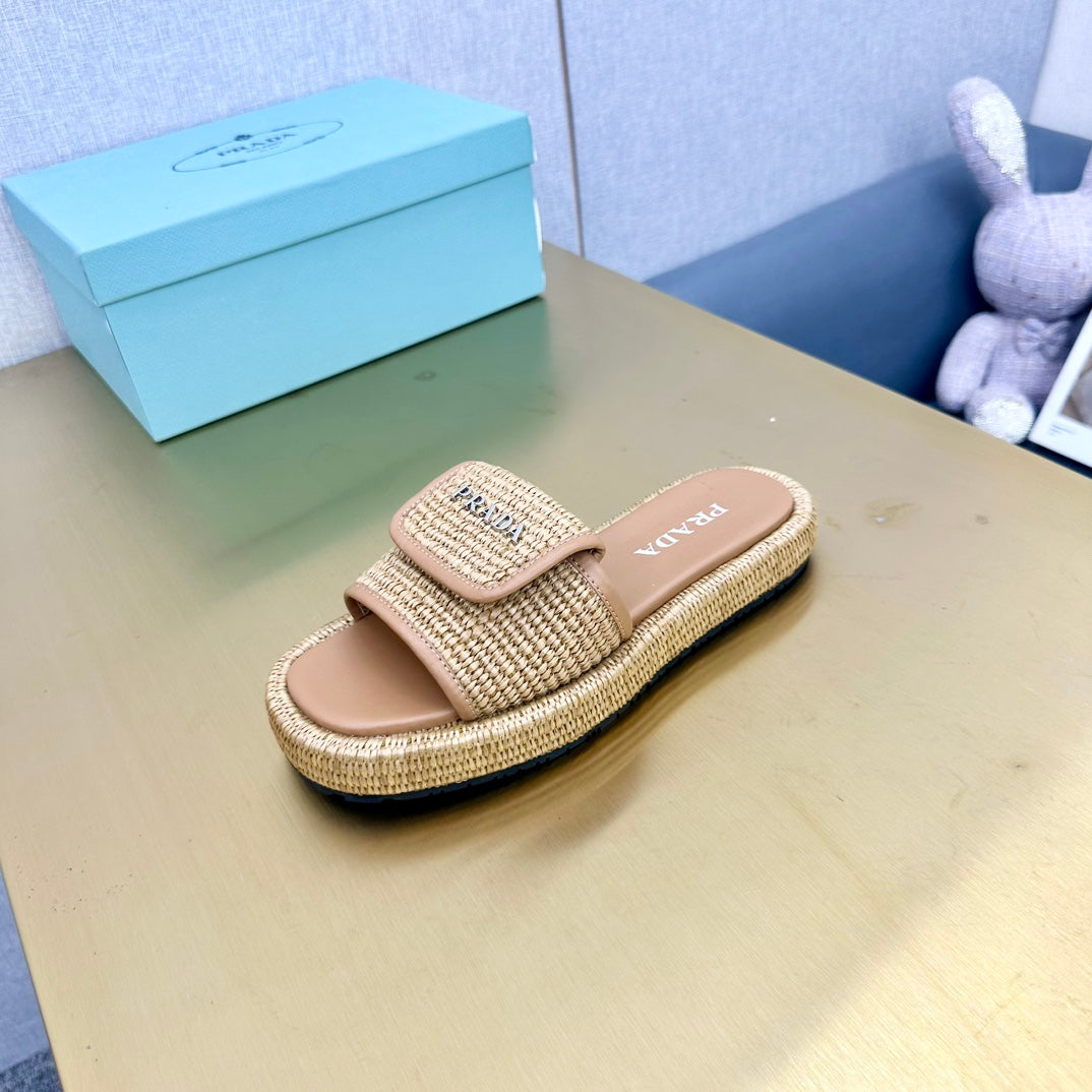 PRA CROCHET SLIDES SLIPPERS BEIGE RAFFIA