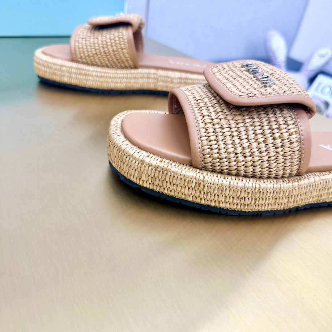 PRA CROCHET SLIDES SLIPPERS BEIGE RAFFIA