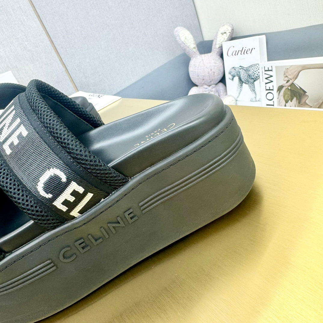Celine Flatform Dad Sandal Mule Black Fabric with Rubber 238142