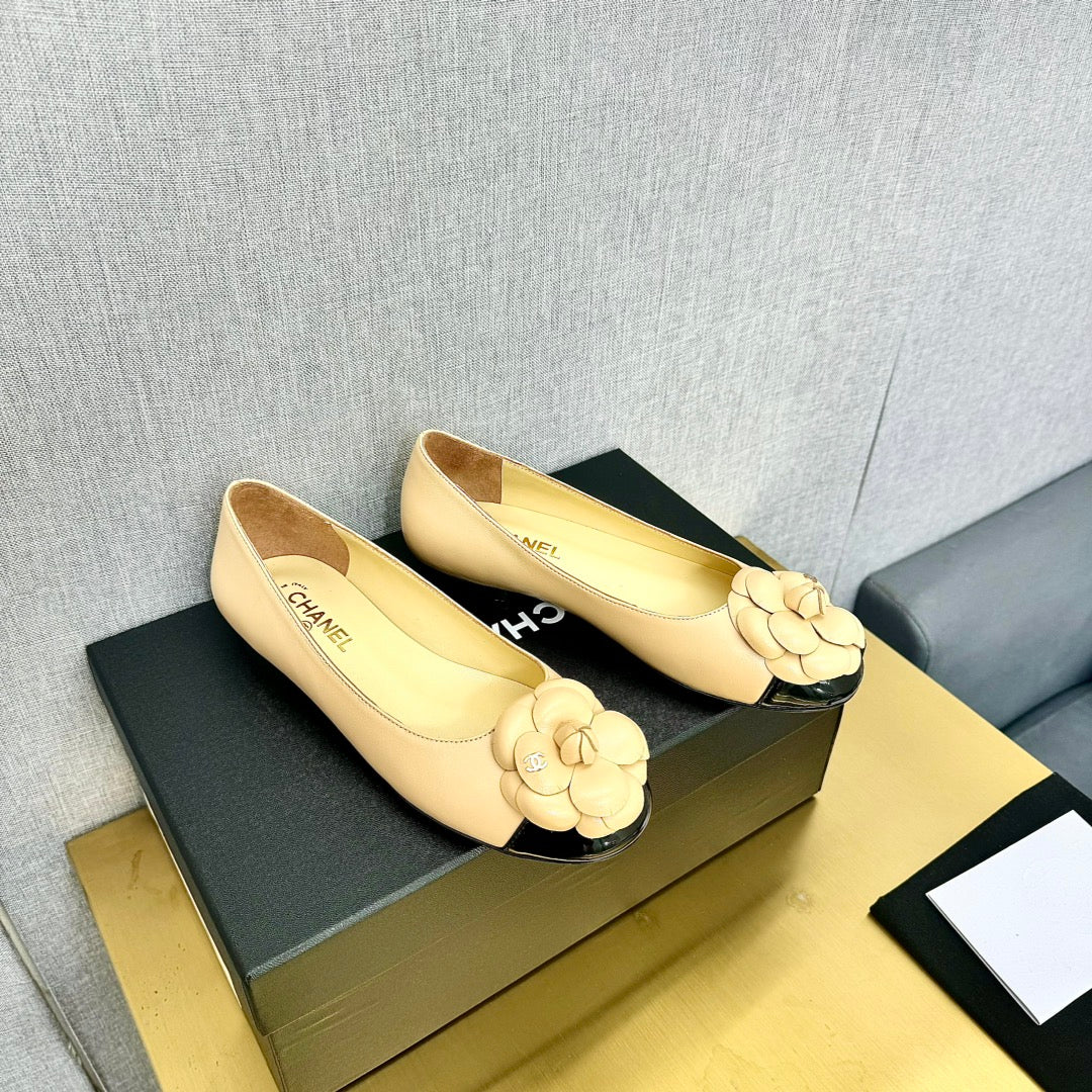 CC 25P Ballet Flat Flower Beige Calfskin Black Patent Calfskin