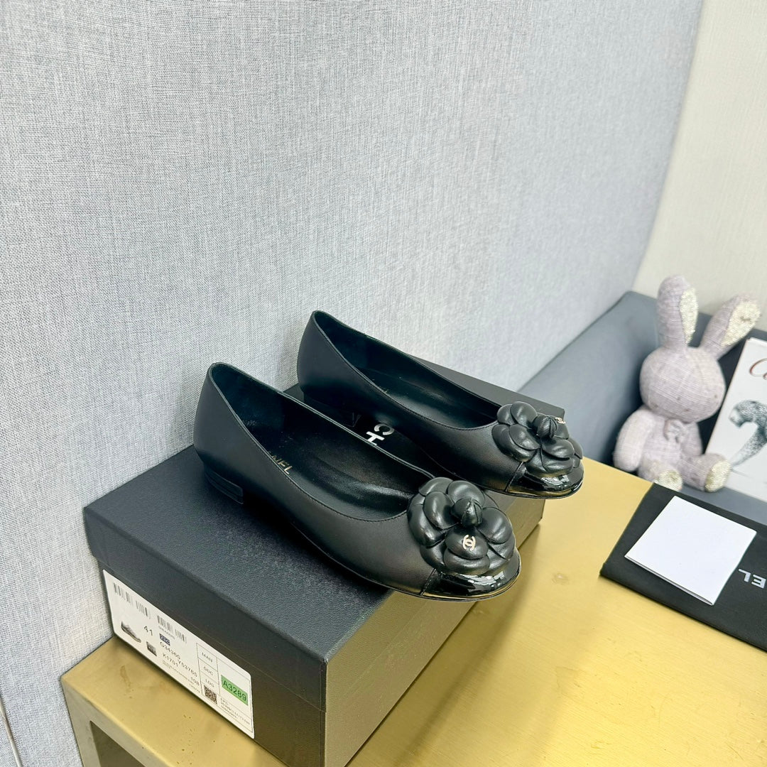 CC 25P Ballet Flat Flower Black Calfskin Patent Calfskin