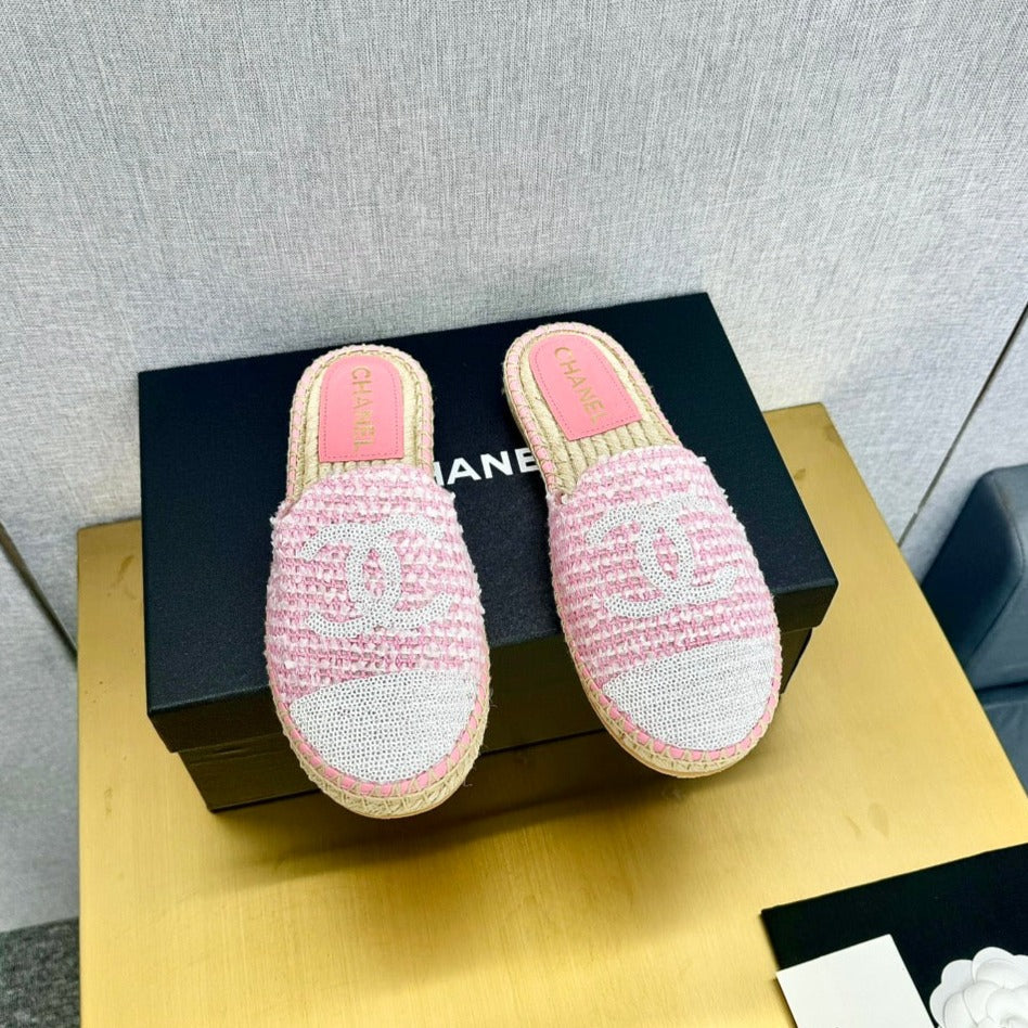 espadrilles mule pink white tweed cotton white sequin