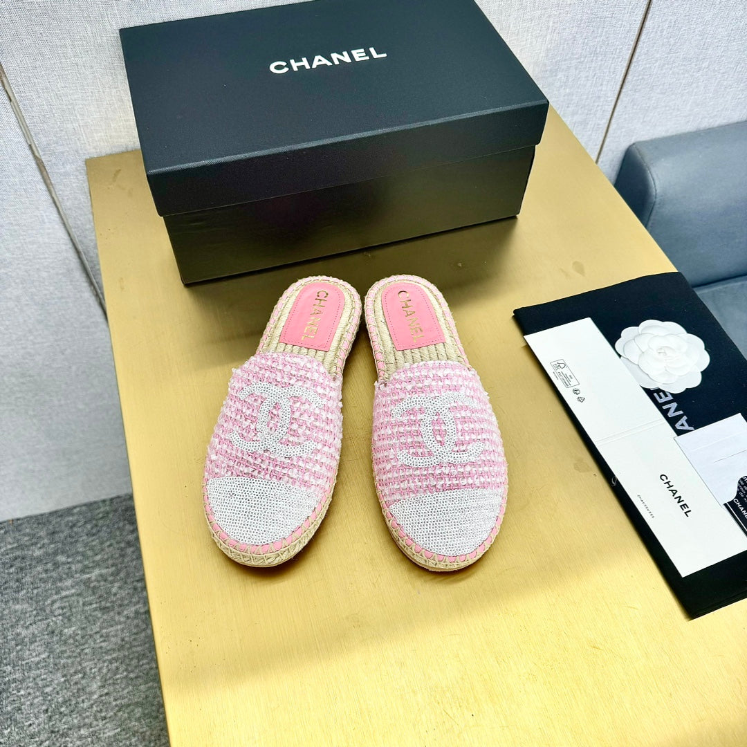 espadrilles mule pink white tweed cotton white sequin