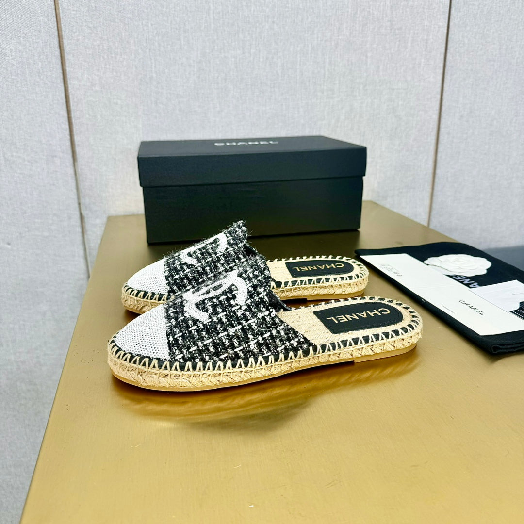 espadrilles mule black white tweed white sequin