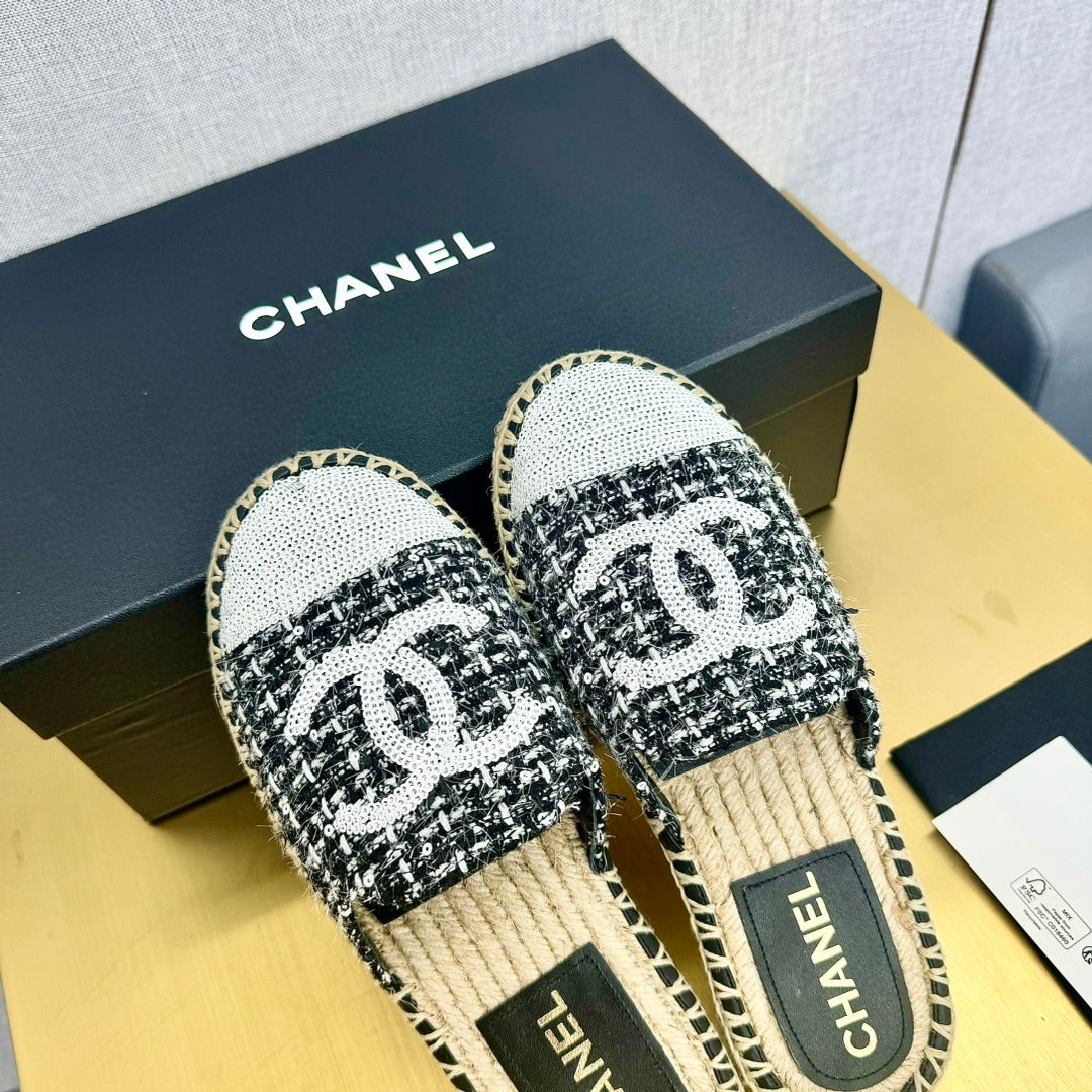 espadrilles mule black white tweed white sequin