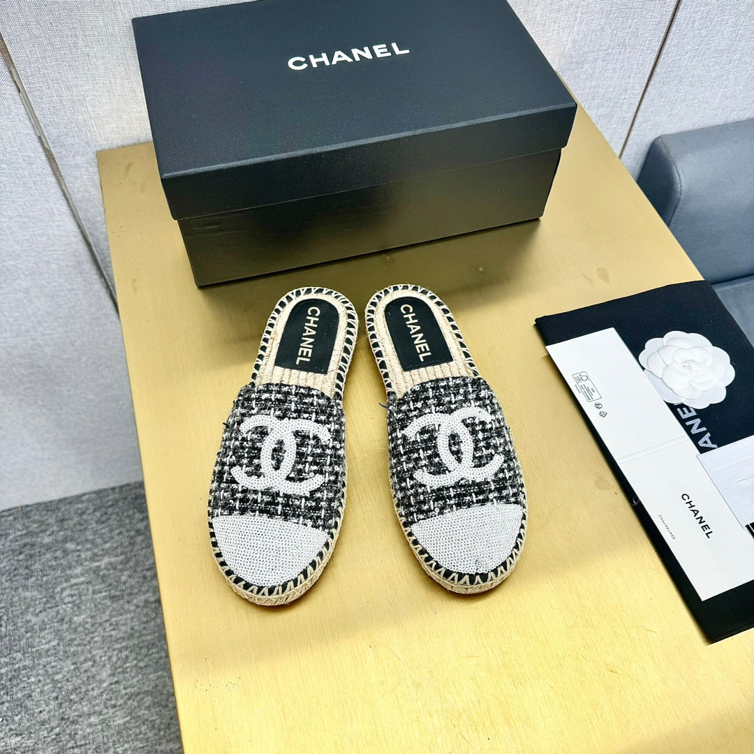 espadrilles mule black white tweed white sequin