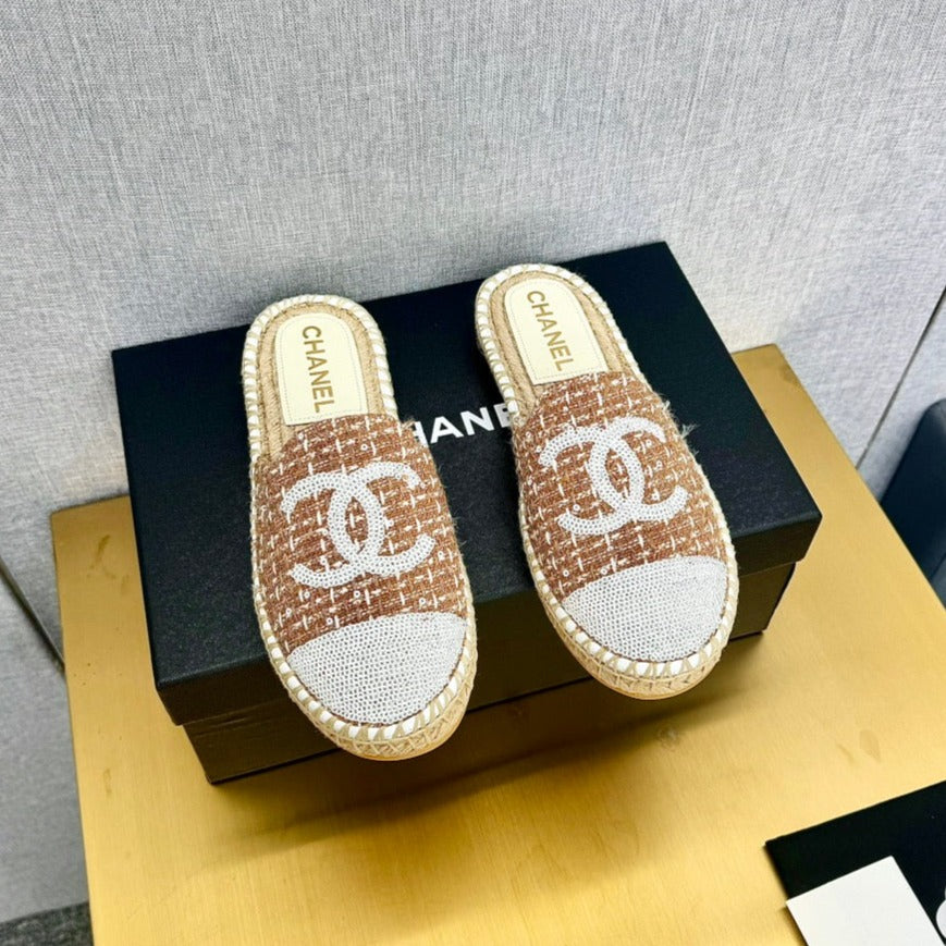 espadrilles mule brown wool white sequin