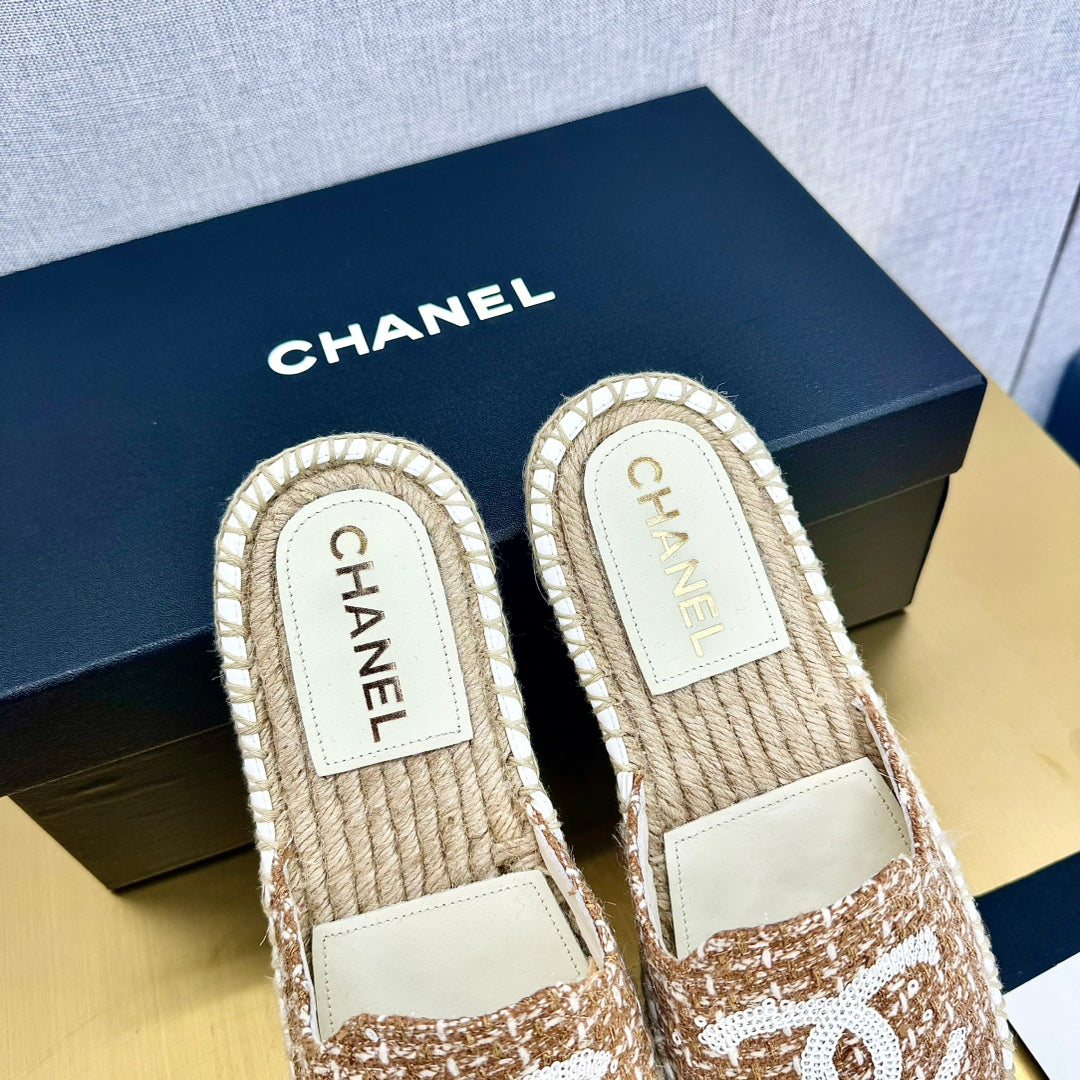 espadrilles mule brown wool white sequin