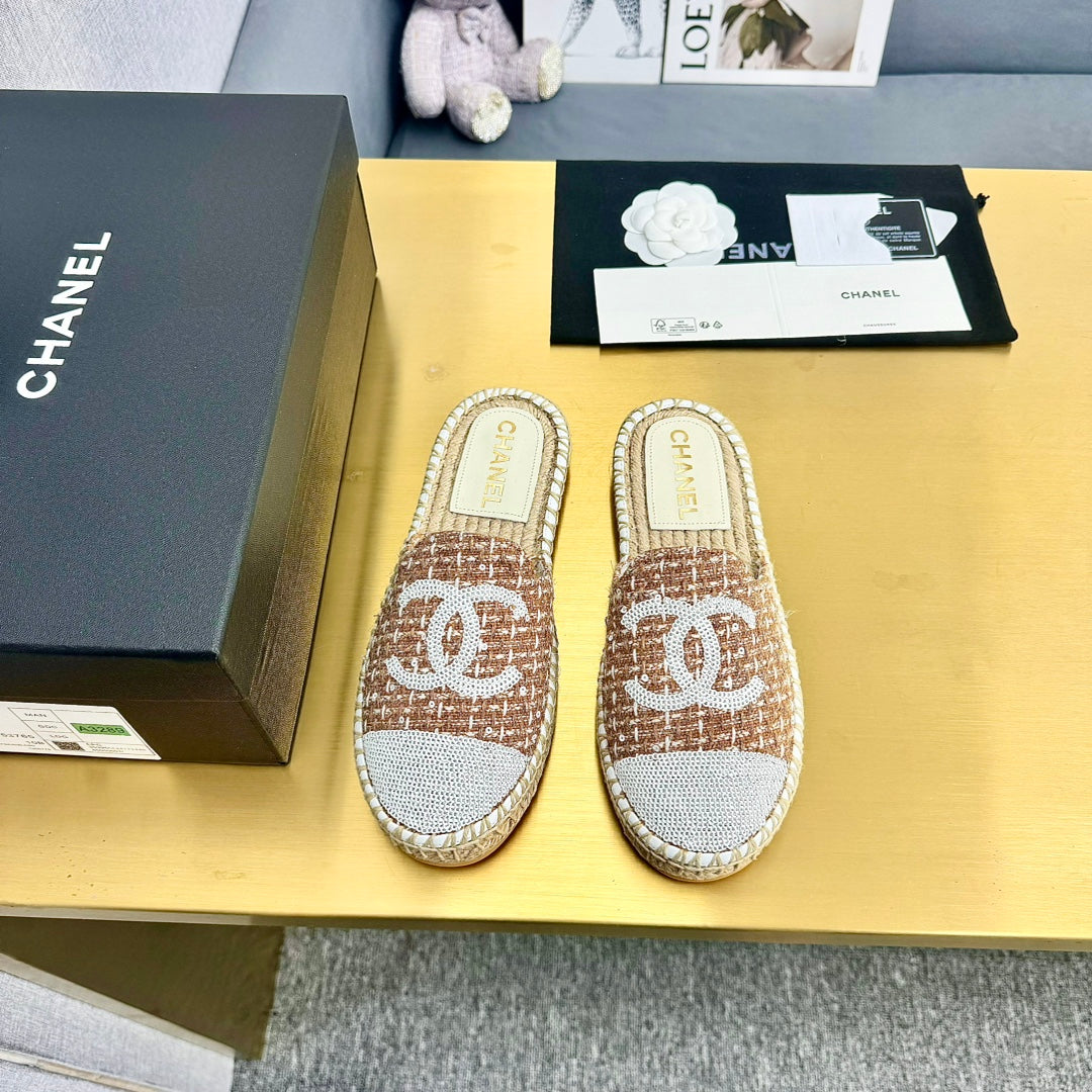 espadrilles mule brown wool white sequin
