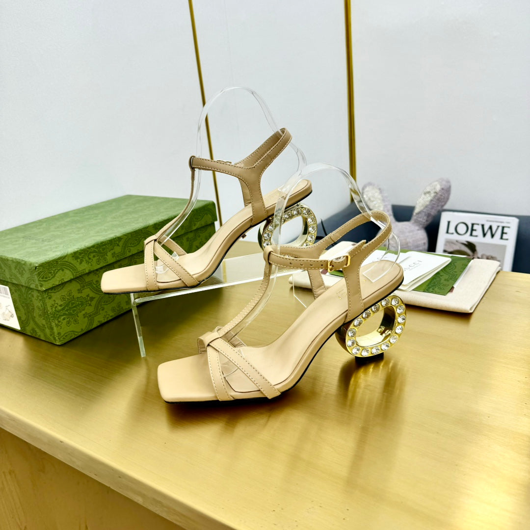 MEDIUM-HEEL SANDAL IN TAN BEIGE CALFSKIN WITH RHINSTONES