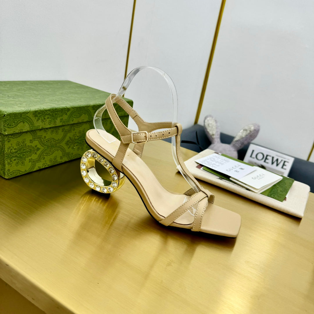 MEDIUM-HEEL SANDAL IN TAN BEIGE CALFSKIN WITH RHINSTONES