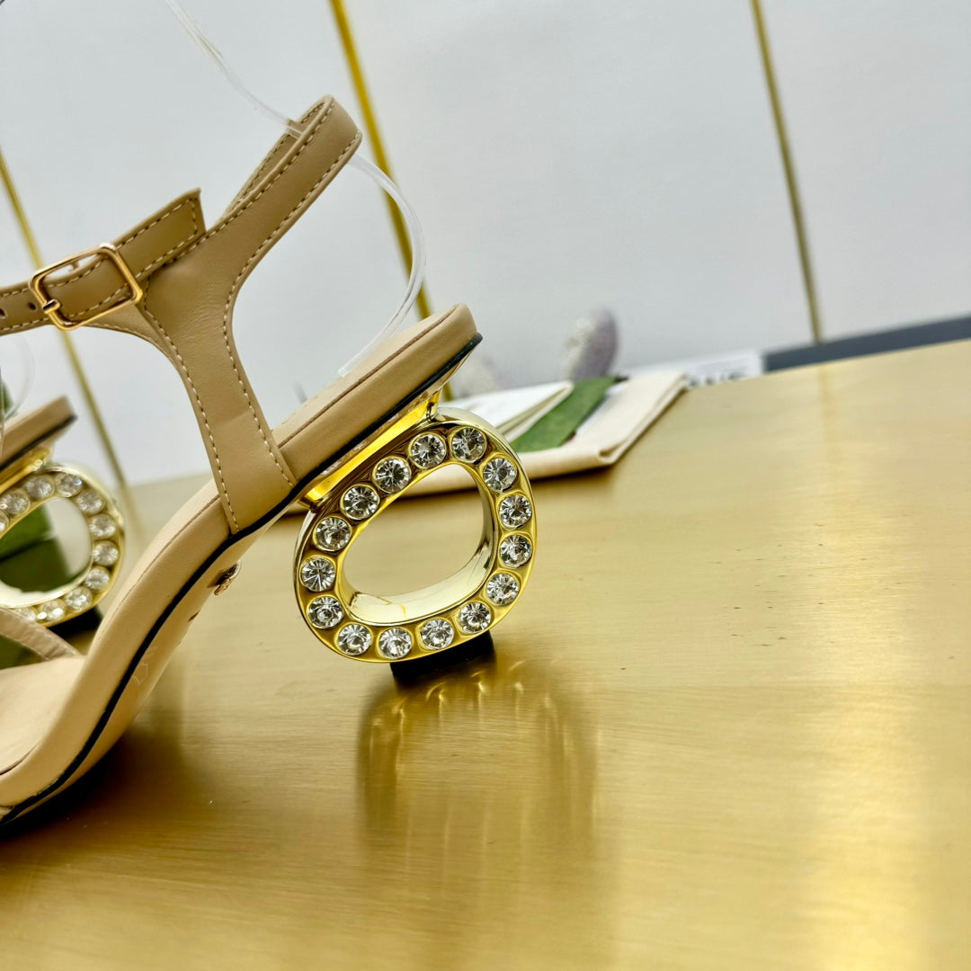 MEDIUM-HEEL SANDAL IN TAN BEIGE CALFSKIN WITH RHINSTONES