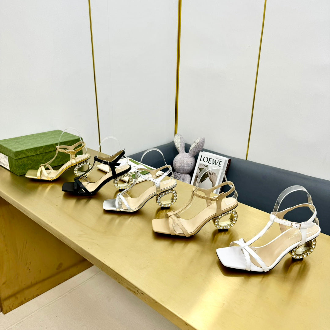 MEDIUM-HEEL SANDAL IN TAN BEIGE CALFSKIN WITH RHINSTONES