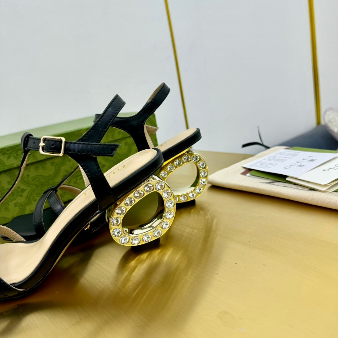 MEDIUM-HEEL SANDAL IN BLACK CALFSKIN WITH RHINSTONES