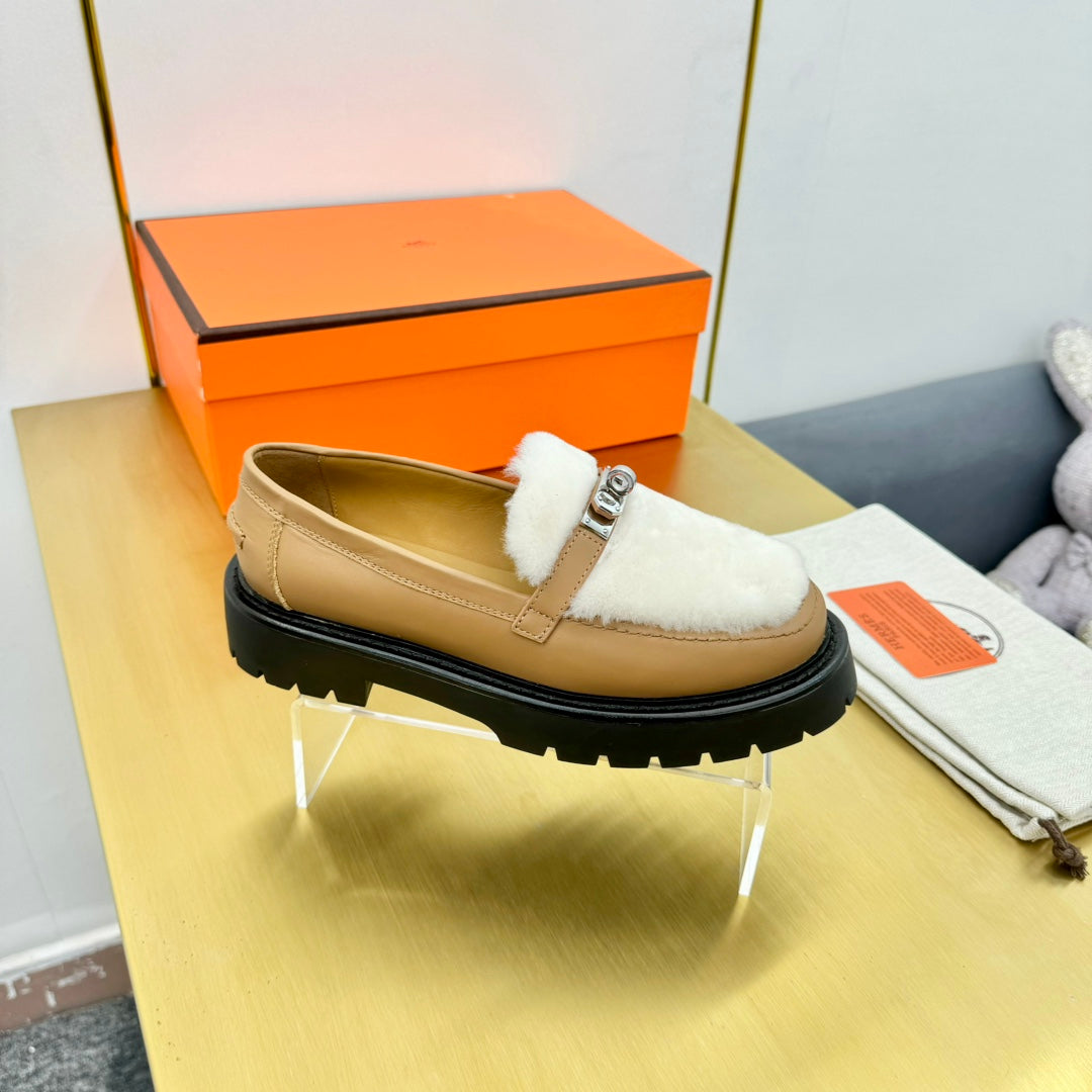 HM Icone Loafer White Shearling Brown Clalfskin