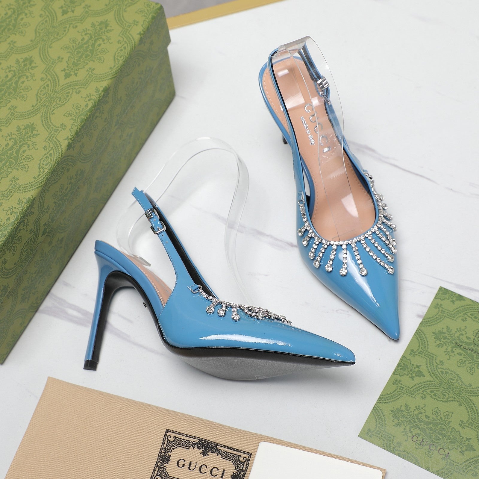 GG CRYSTAL HIGH HEEL SANDAL CERULEAN LAMBSKIN