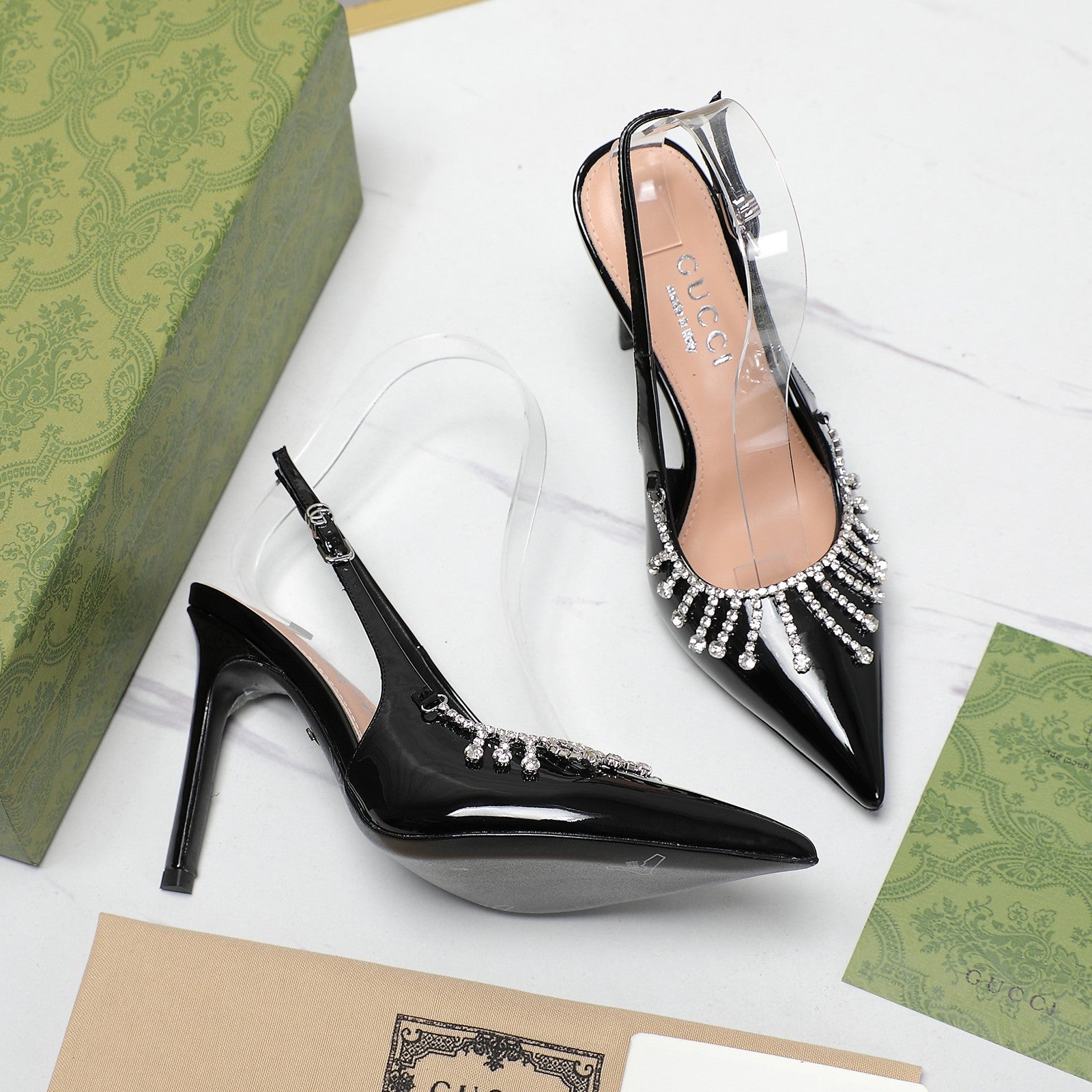 GG CRYSTAL HIGH HEEL SANDAL BLACK LAMBSKIN
