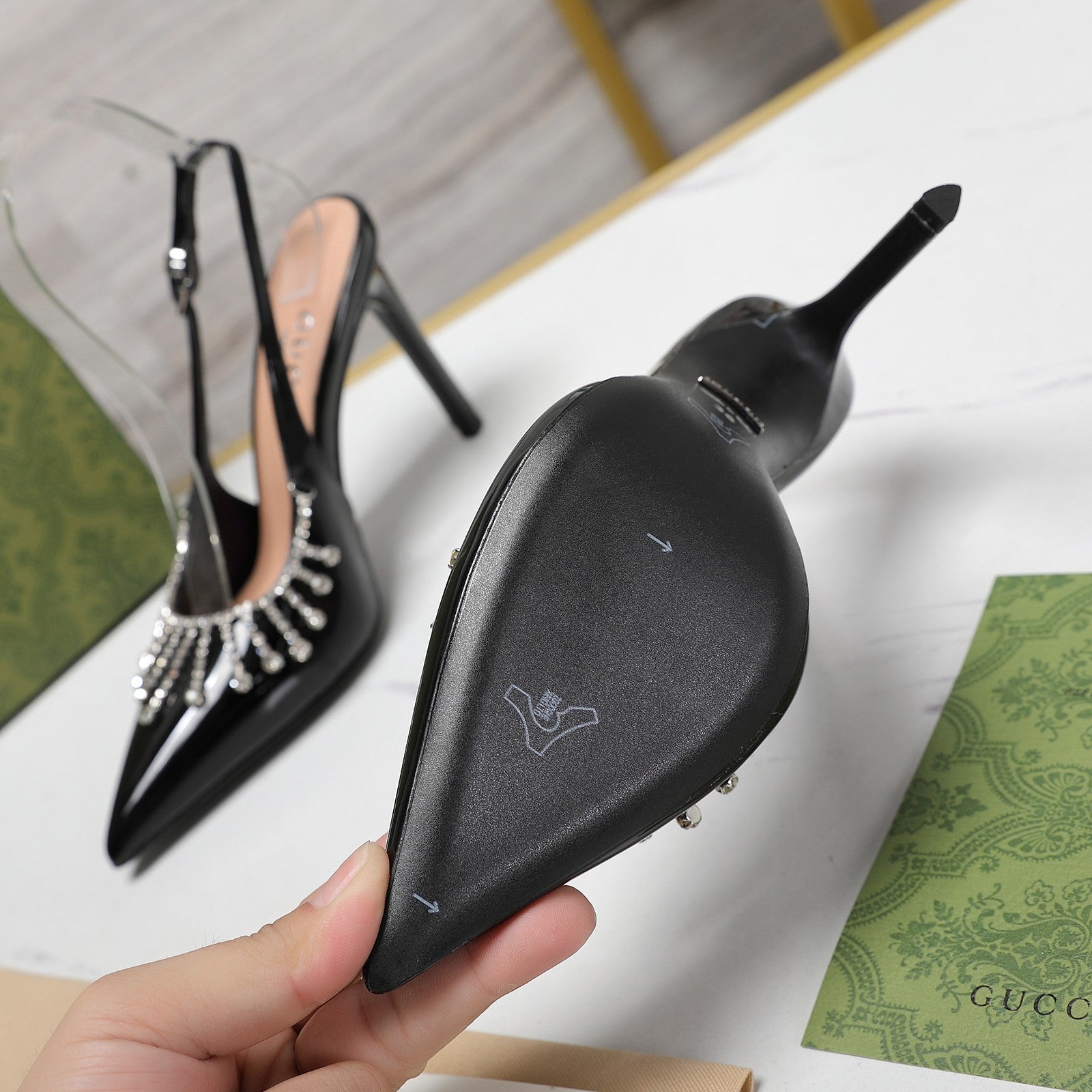 GG CRYSTAL HIGH HEEL SANDAL BLACK LAMBSKIN