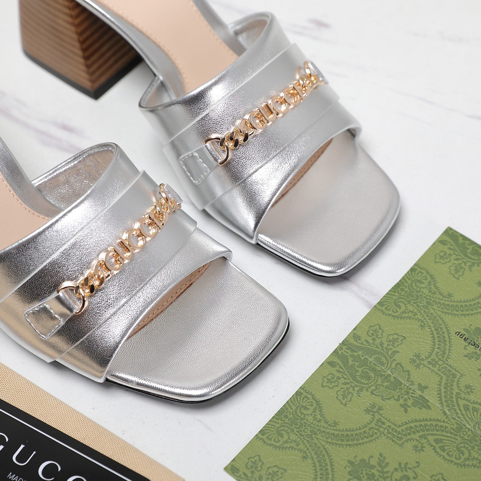 GG High Heels Half Slippers Silver