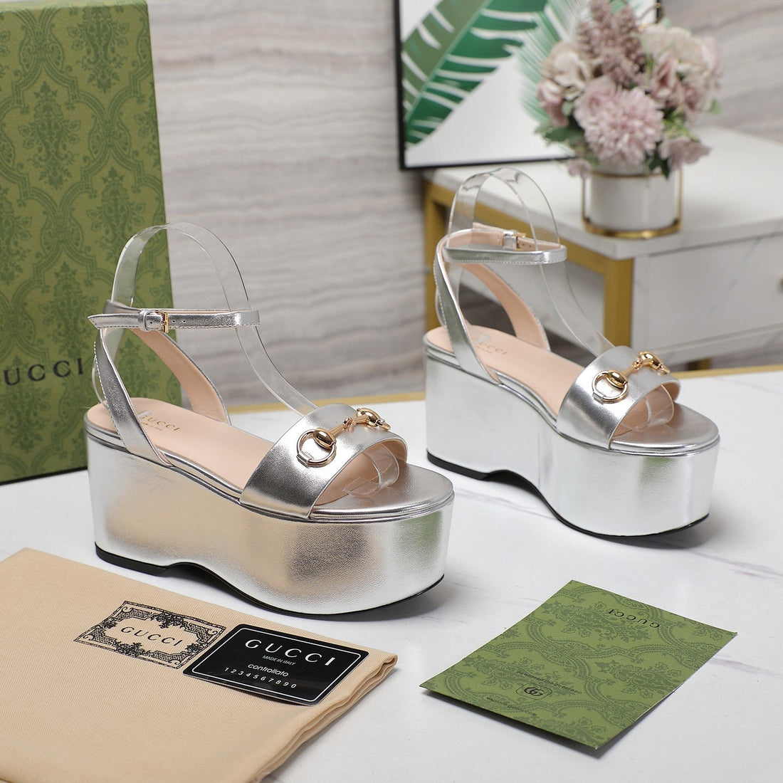 GG  Horsebit Wedges Sandals Silver
