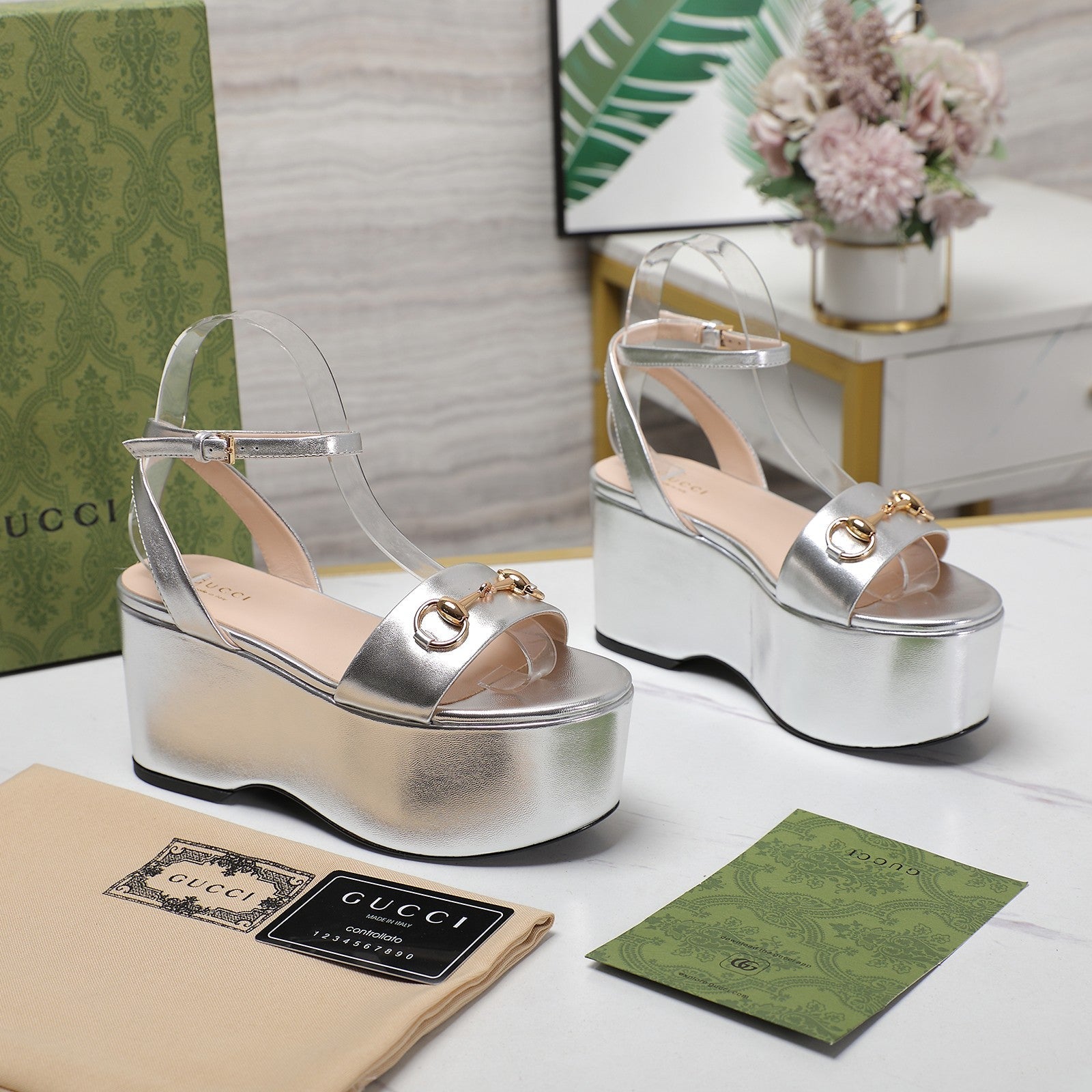 GG  Horsebit Wedges Sandals Silver