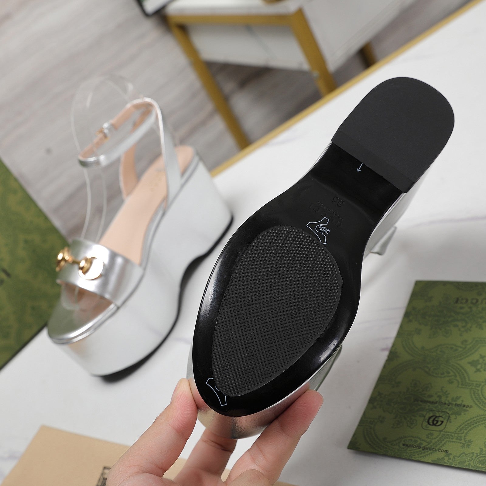 GG  Horsebit Wedges Sandals Silver