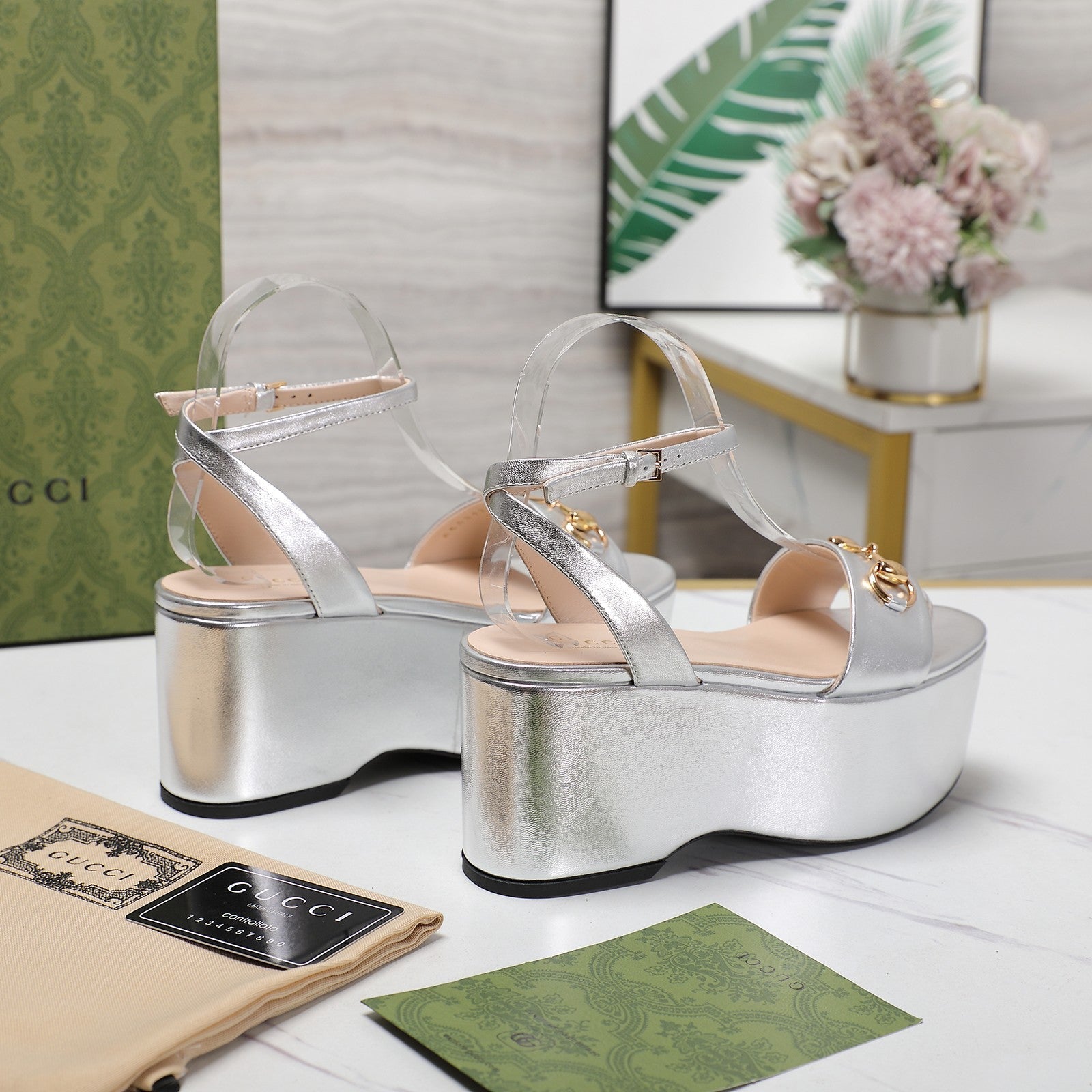 GG  Horsebit Wedges Sandals Silver