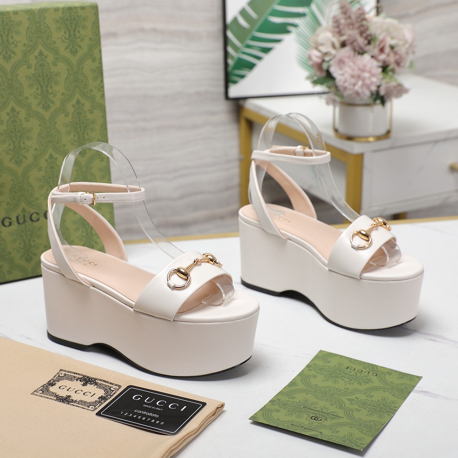 GG  Horsebit Wedges Sandals White