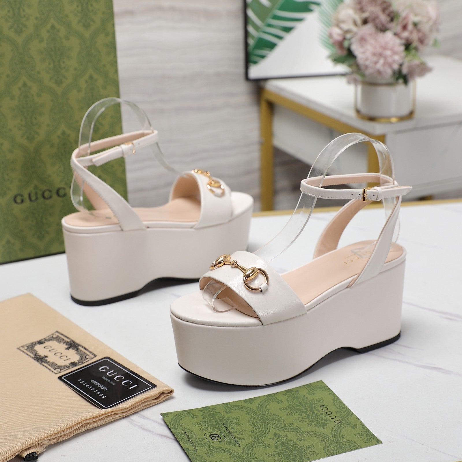 GG  Horsebit Wedges Sandals White
