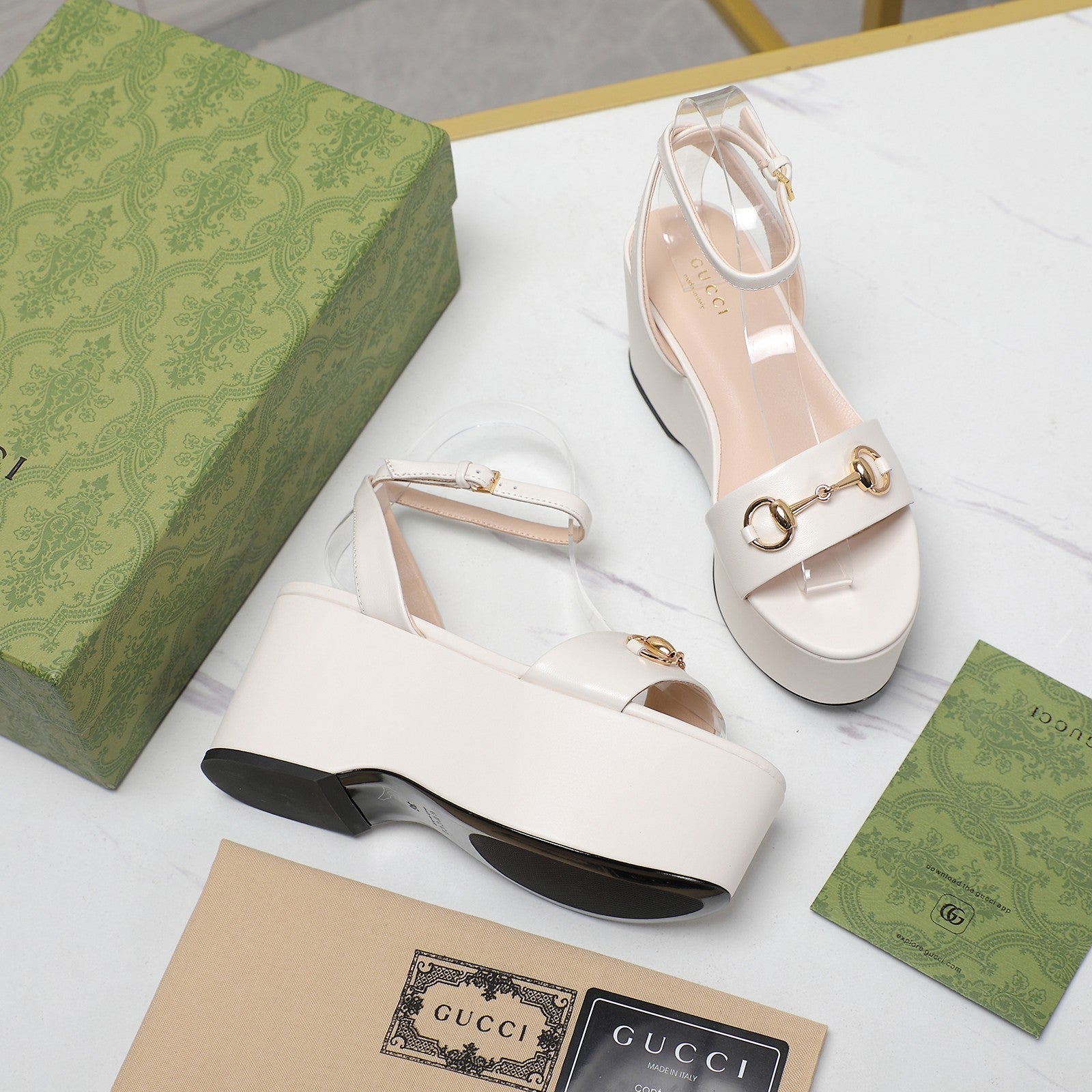 GG  Horsebit Wedges Sandals White
