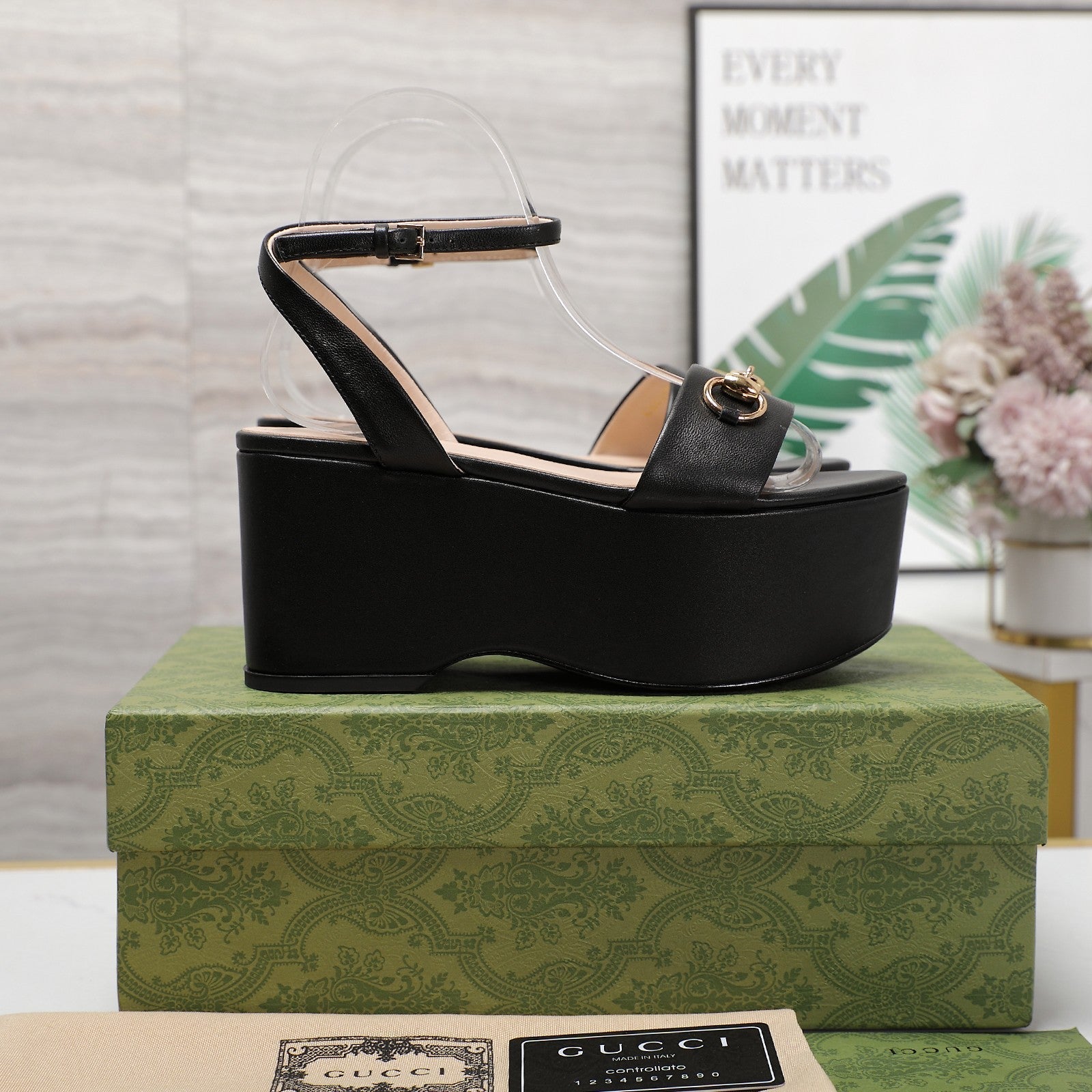 GG  Horsebit Wedges Sandals Black