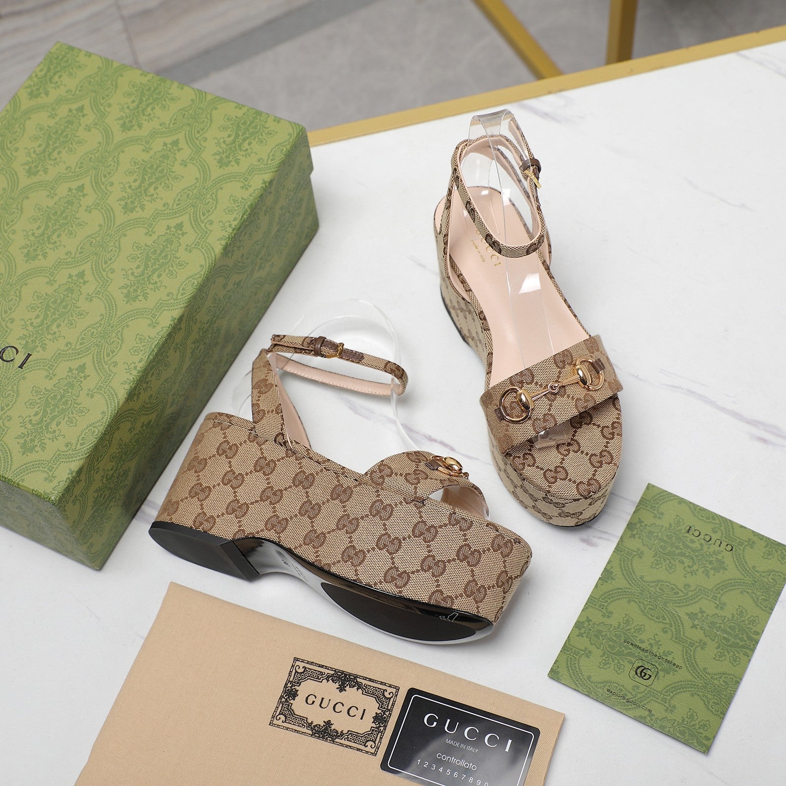 GG  Horsebit Wedges Sandals Brown