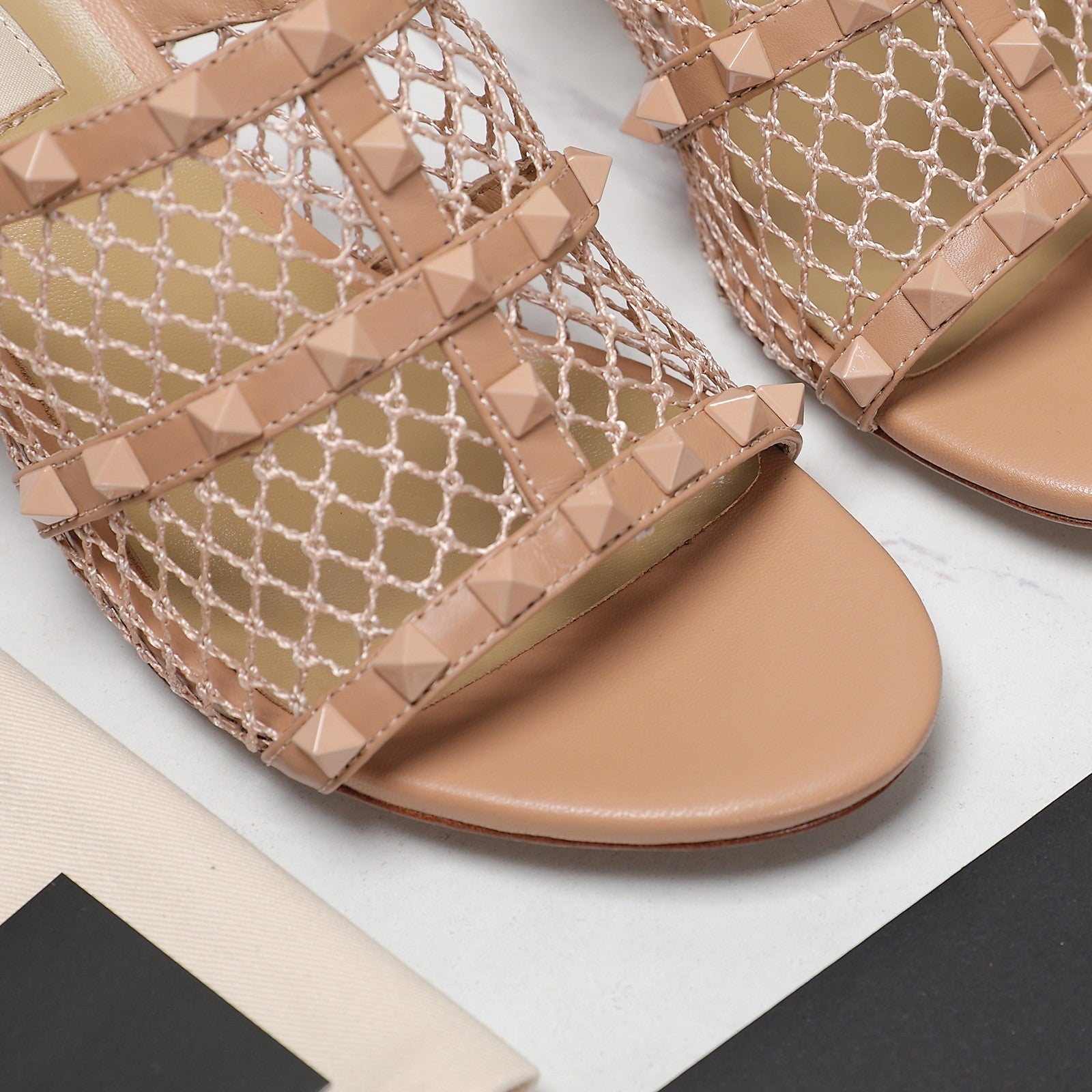 WOMEN'S BLACK ROCKSTUD DESERT SAND MESH SLIDER SANDAL WITH MATCHING STUDS 65 MM