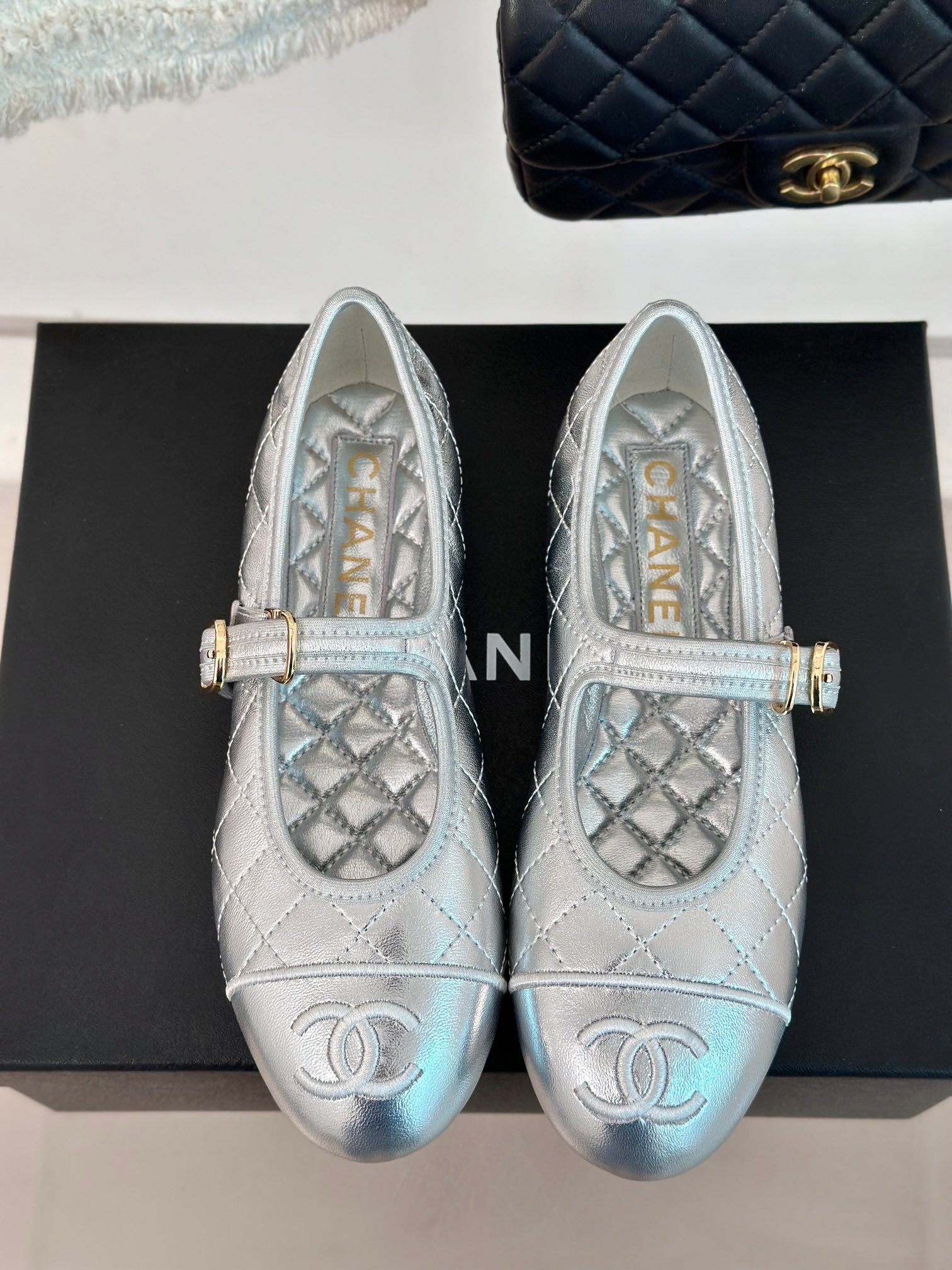 mary jane silver metalic quilted lambskin