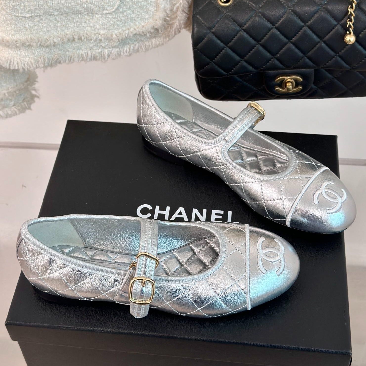 mary jane silver metalic quilted lambskin