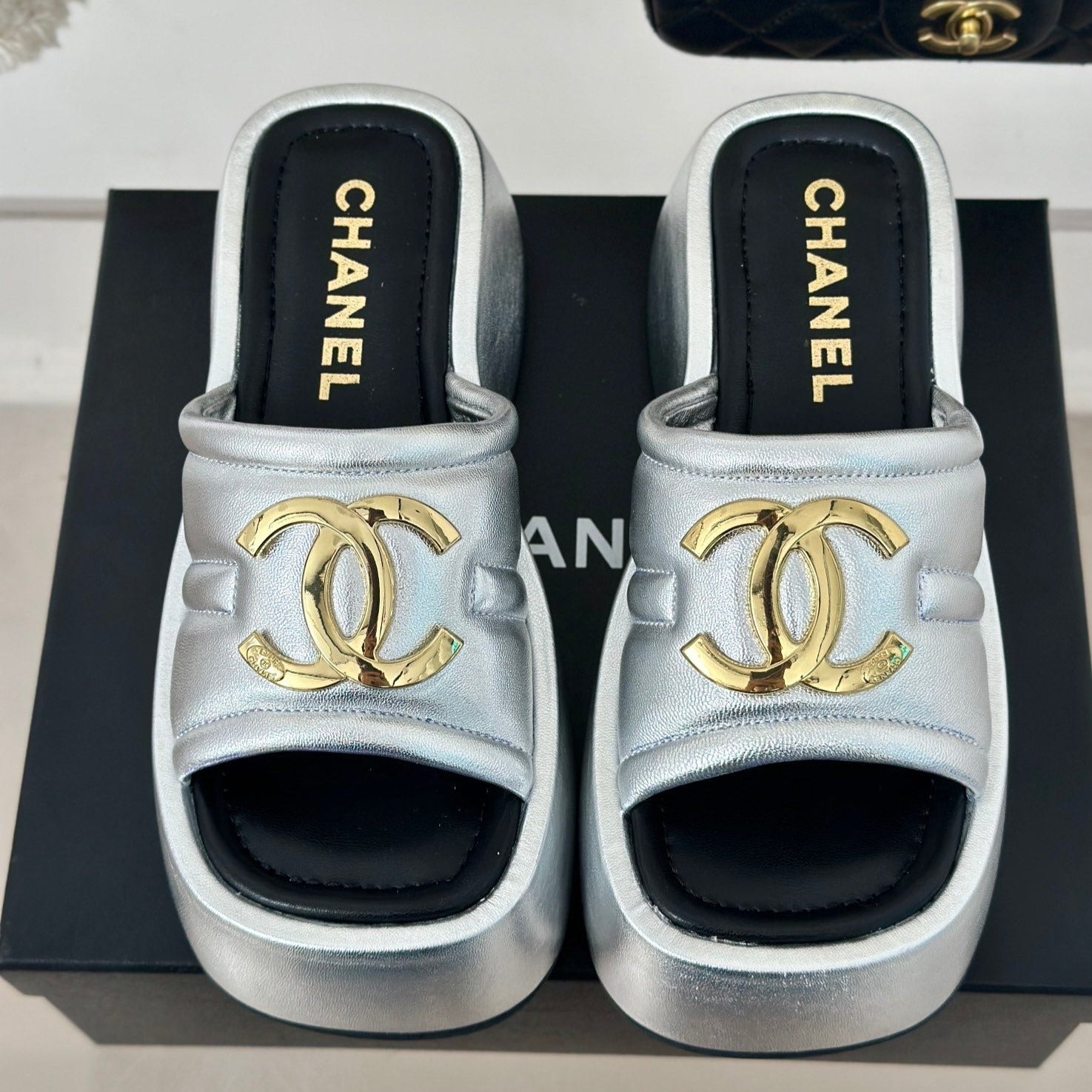 Large Double C Platform Slippers Silver