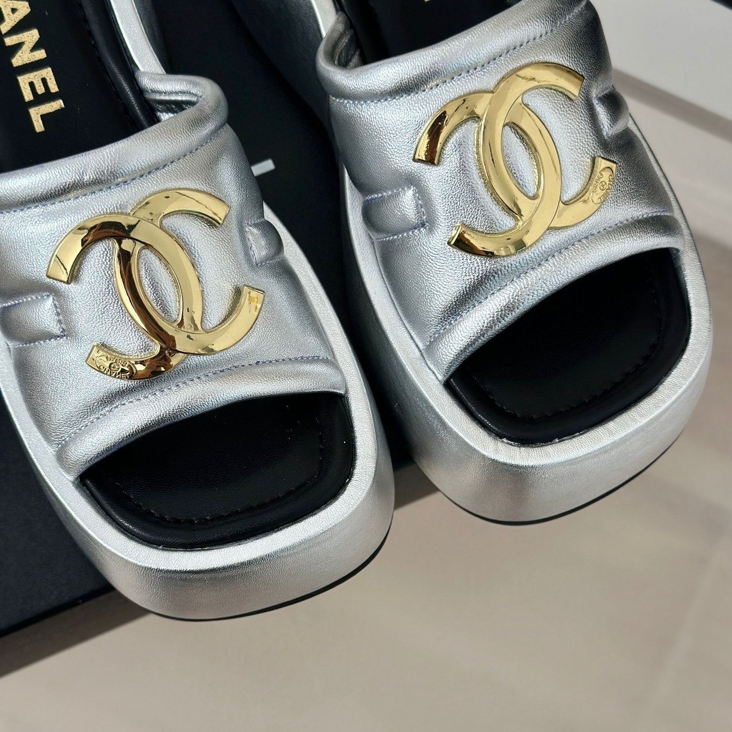 Large Double C Platform Slippers Silver