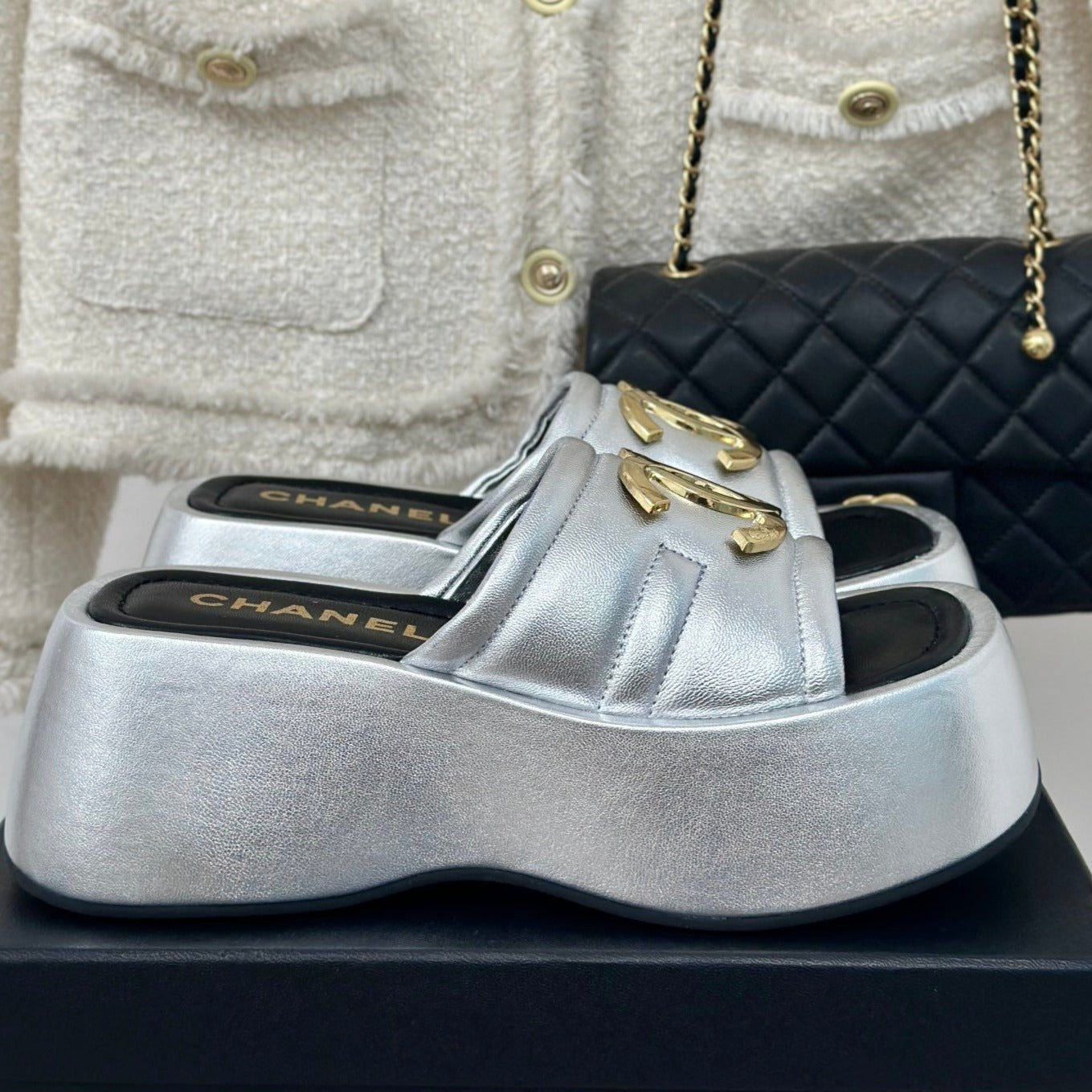 Large Double C Platform Slippers Silver