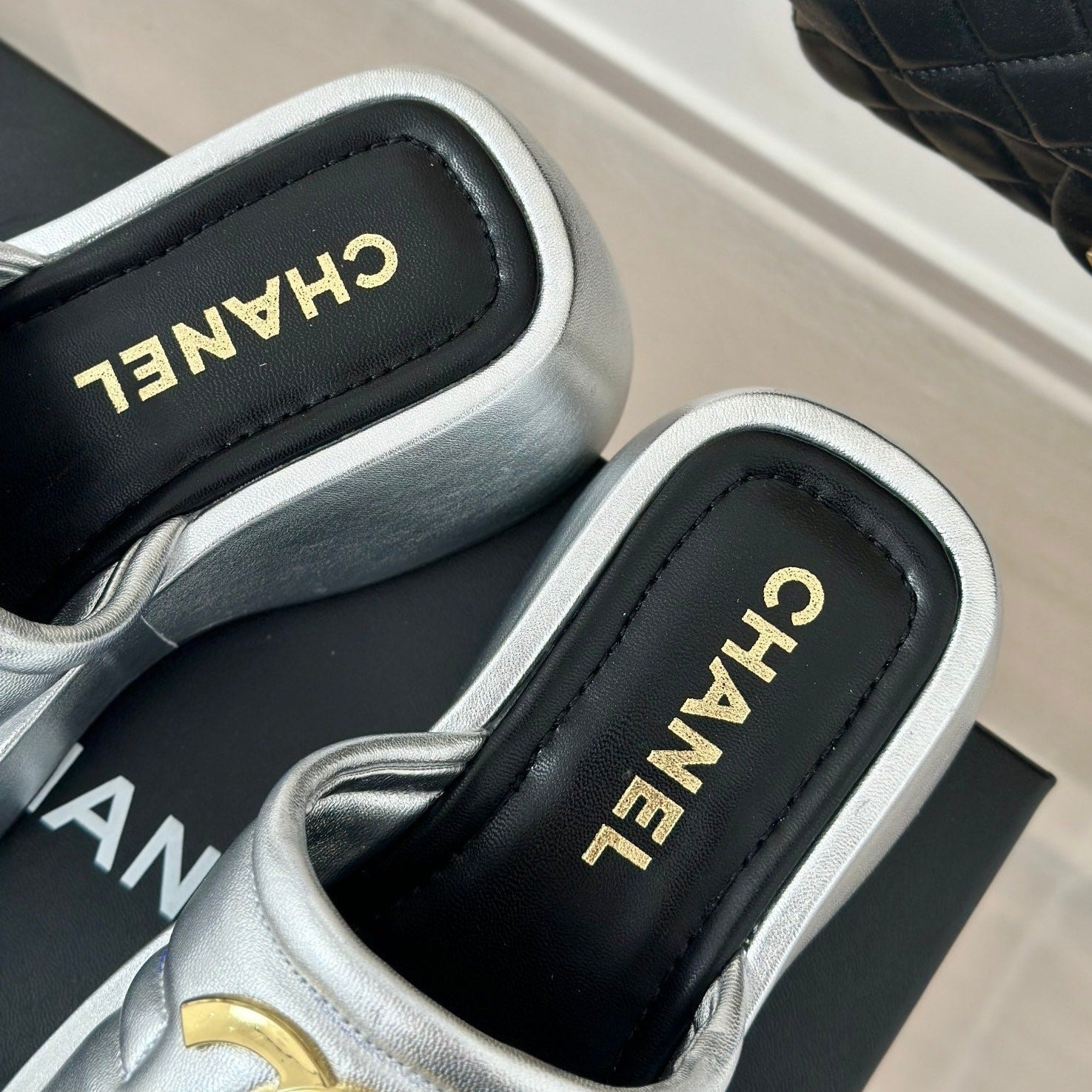 Large Double C Platform Slippers Silver