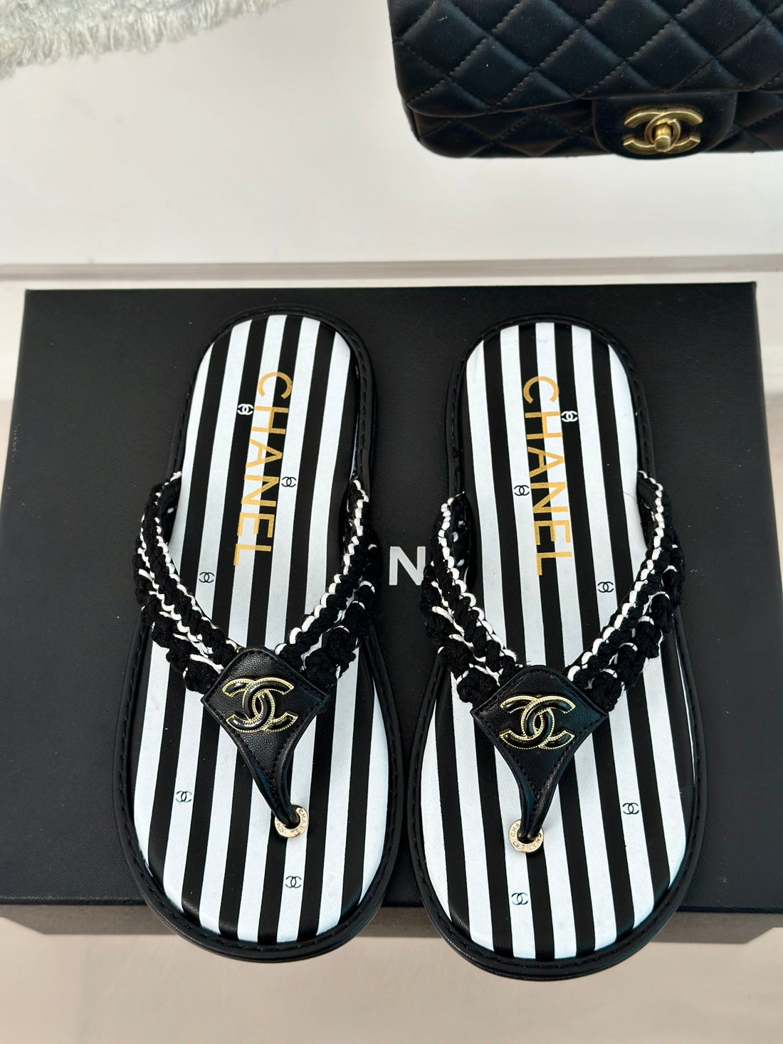 CC 25 Thong Sandal Braided Striped Black White