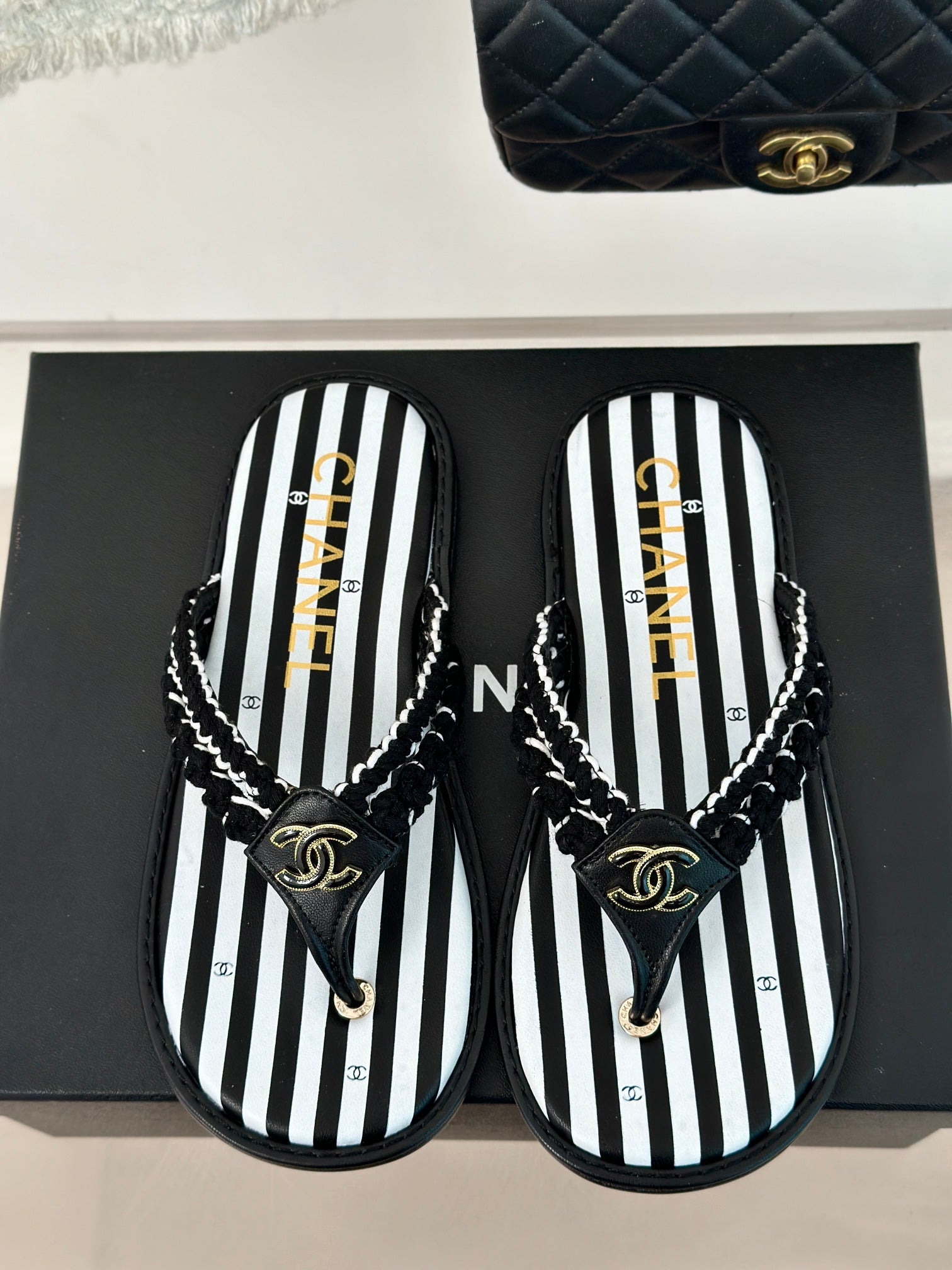 CC 25 Thong Sandal Braided Striped Black White