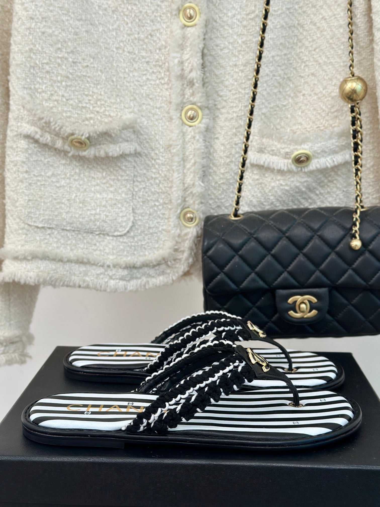 CC 25 Thong Sandal Braided Striped Black White